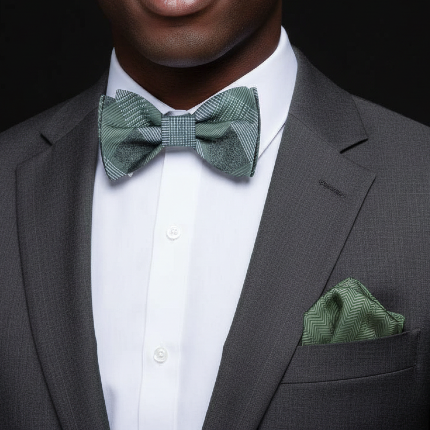Man wearing a gray suit with a Green Plaid Bow Tie and Accenting Sage Square against a black background