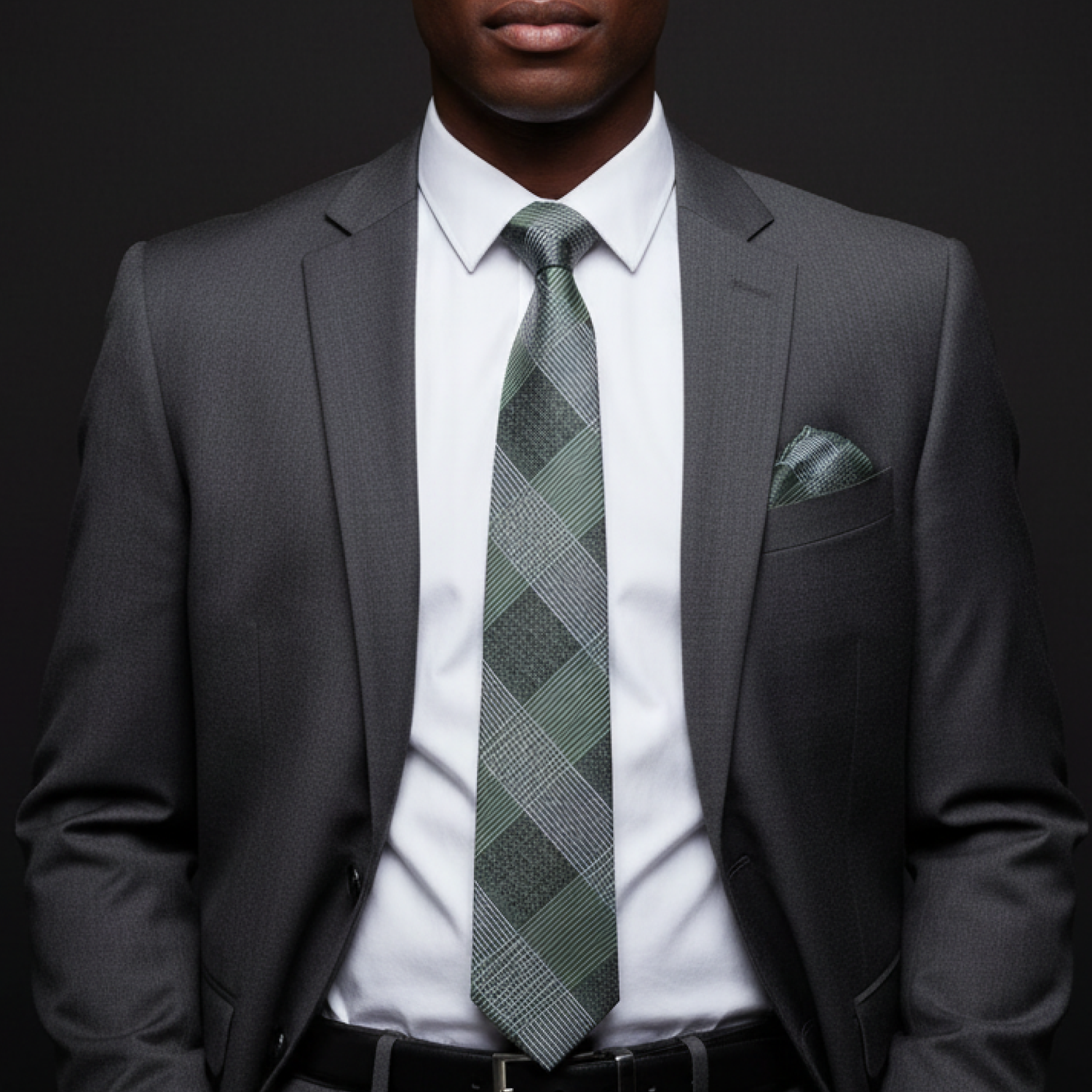 Man Green Plaid Tie and Accenting Square