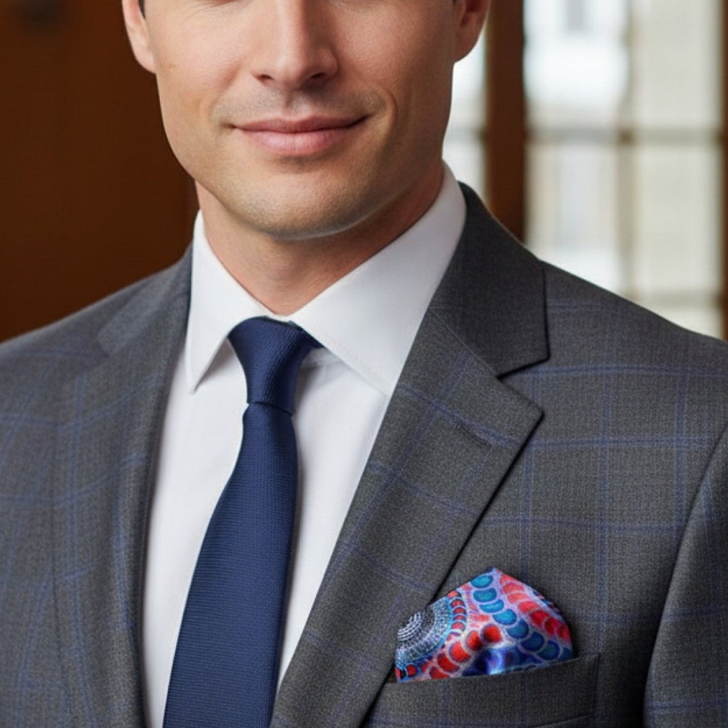Man wearing plaid suit with blue tie and red blue abstract square