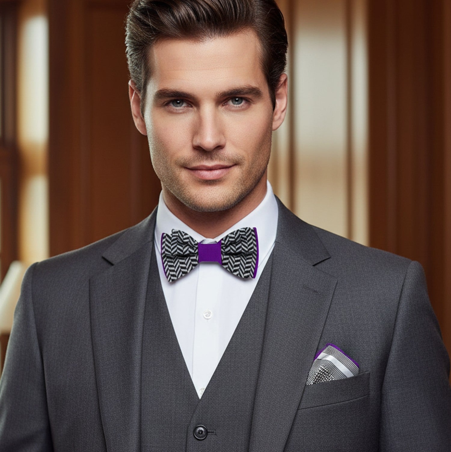 Man wearing a gray suit with a purple bow tie and pocket square against a blurred indoor background