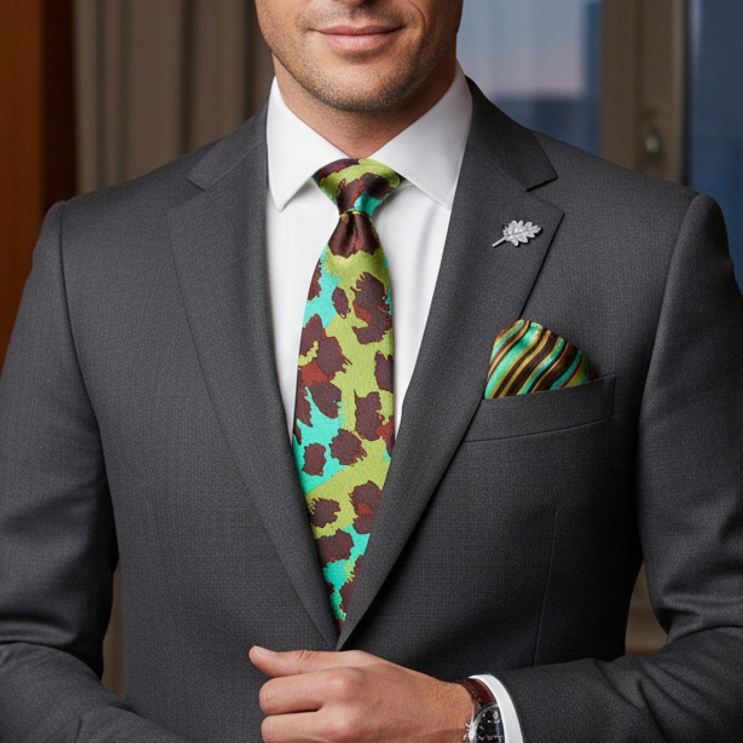 Man wearing a gray suit with a colorful tie and pocket square.