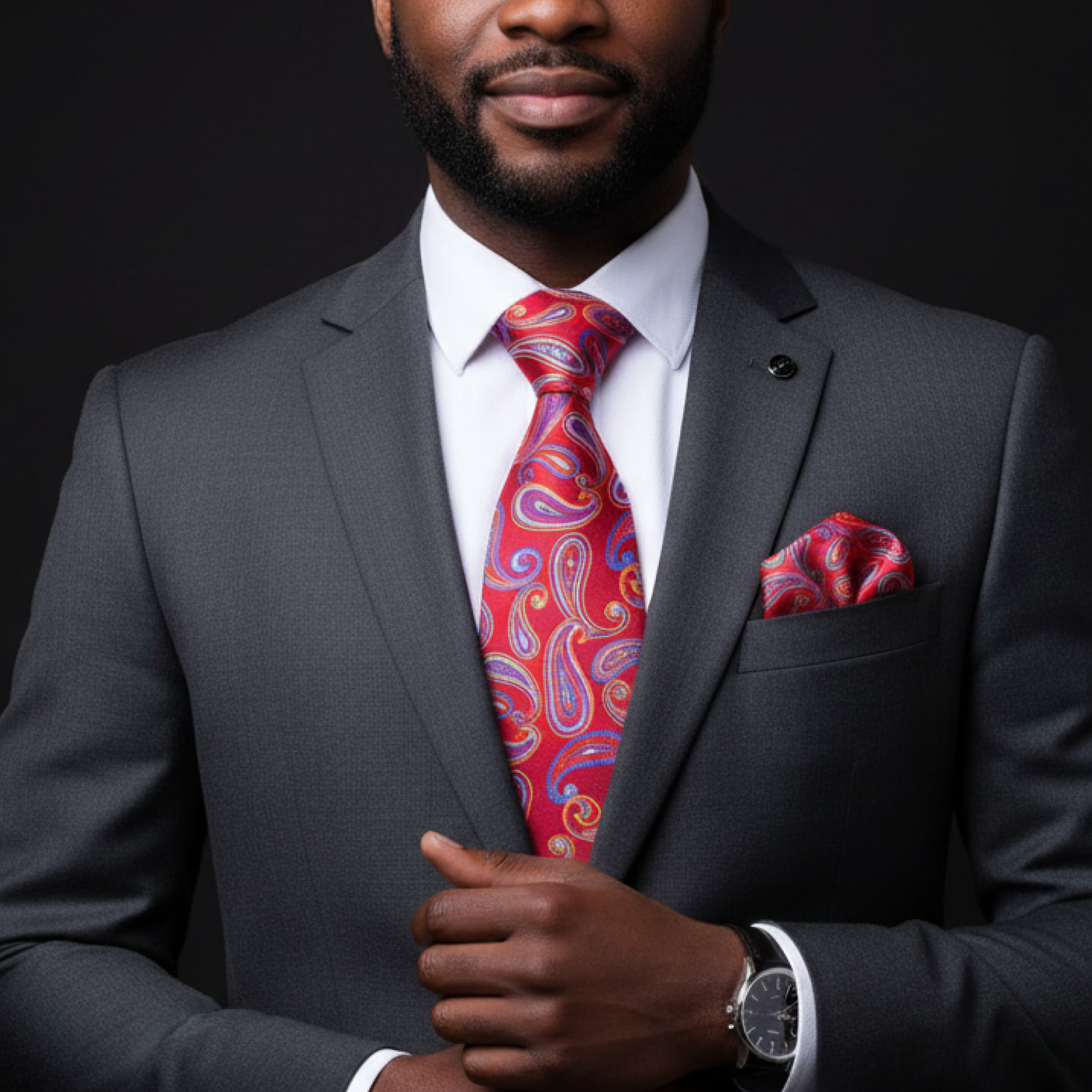 Man wearing a gray suit with a red paisley tie and pocket square on a black background