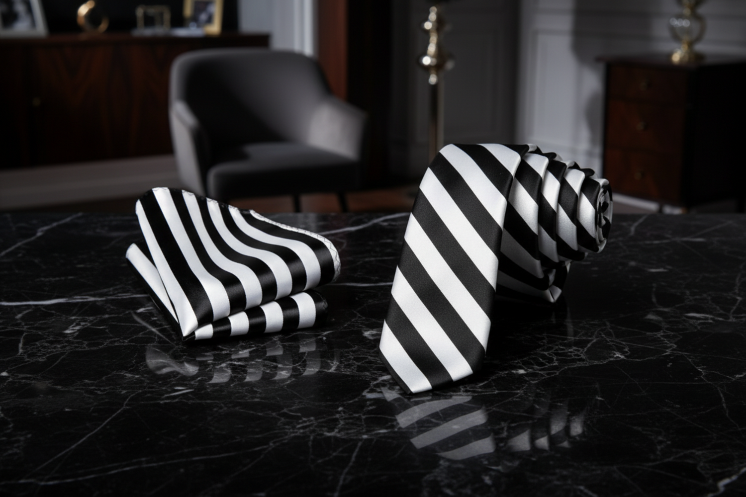 Black and white striped thin tie and pocket square 