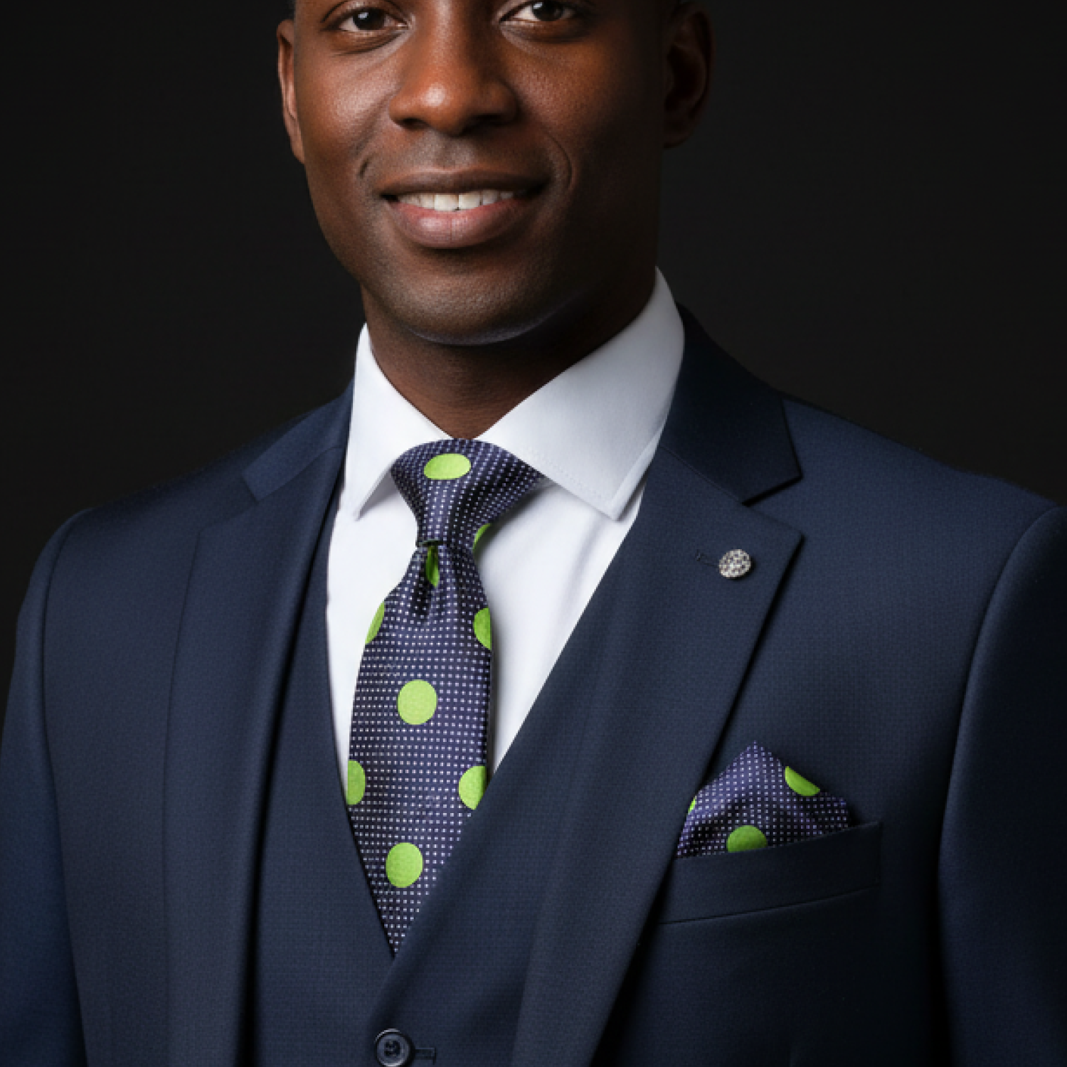 Man wearing a navy suit with a polka dot tie and pocket square against a black background