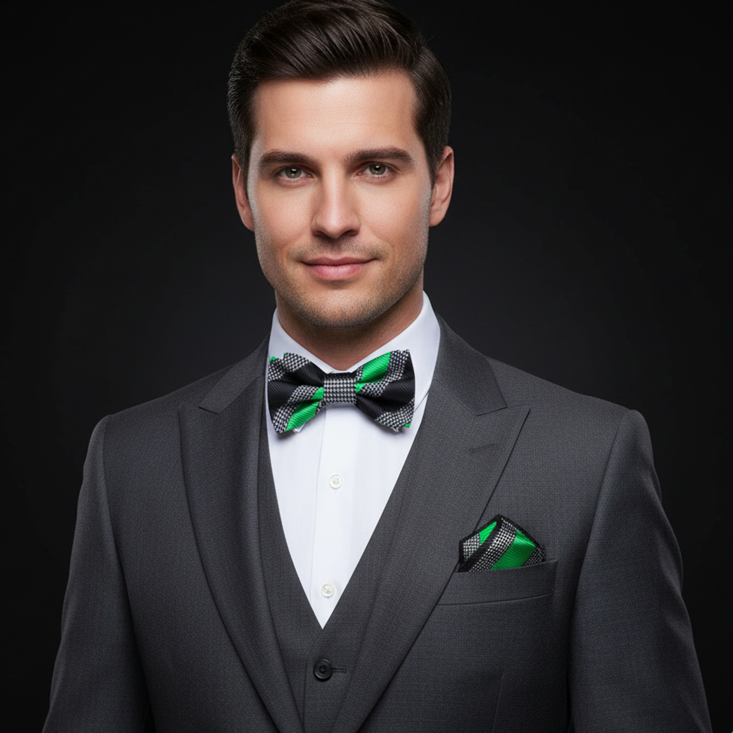 Man wearing a gray suit with a green bow tie and pocket square on a black background