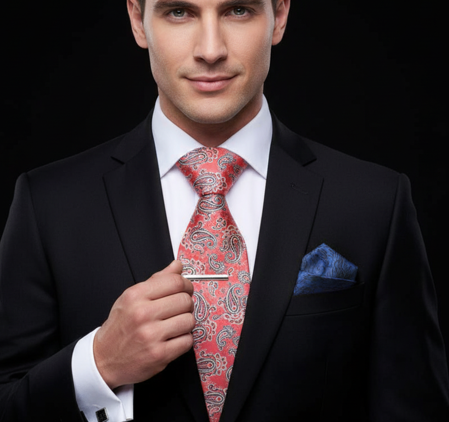 Man wearing a black suit with a red paisley tie and blue pocket square on a black background