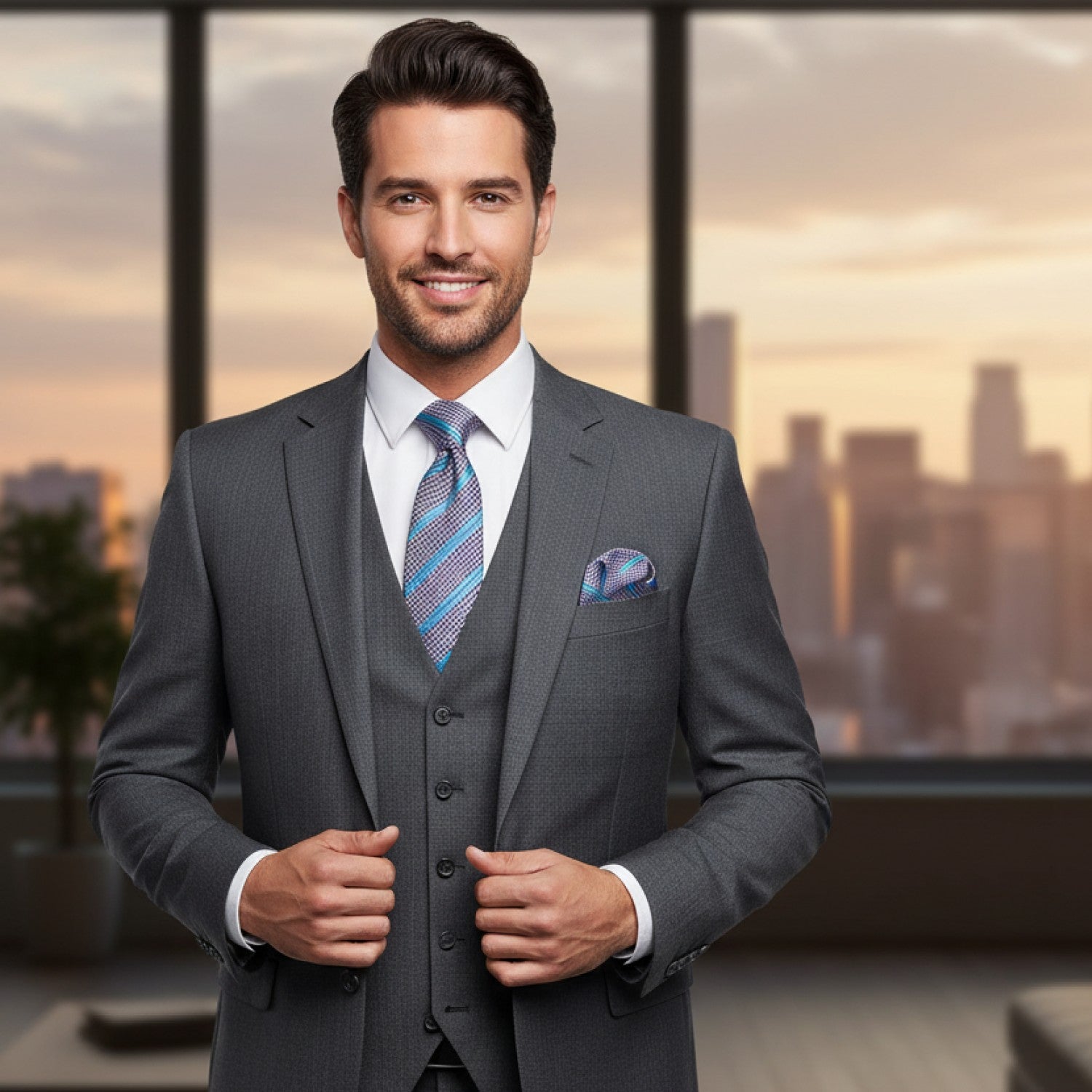 Man in a gray suit with a cityscape background