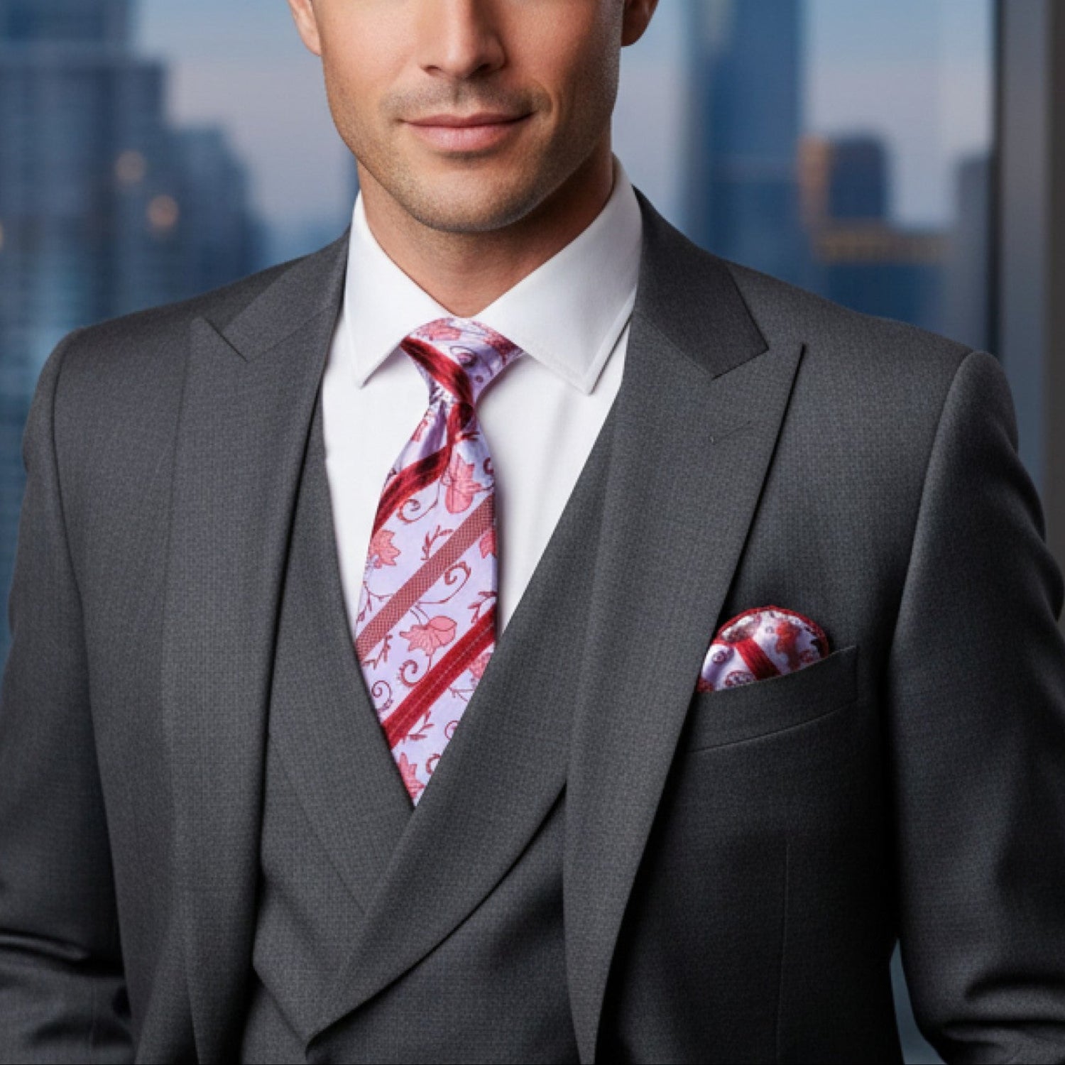 Man in a gray suit with a red patterned tie and pocket square, standing in front of a cityscape.