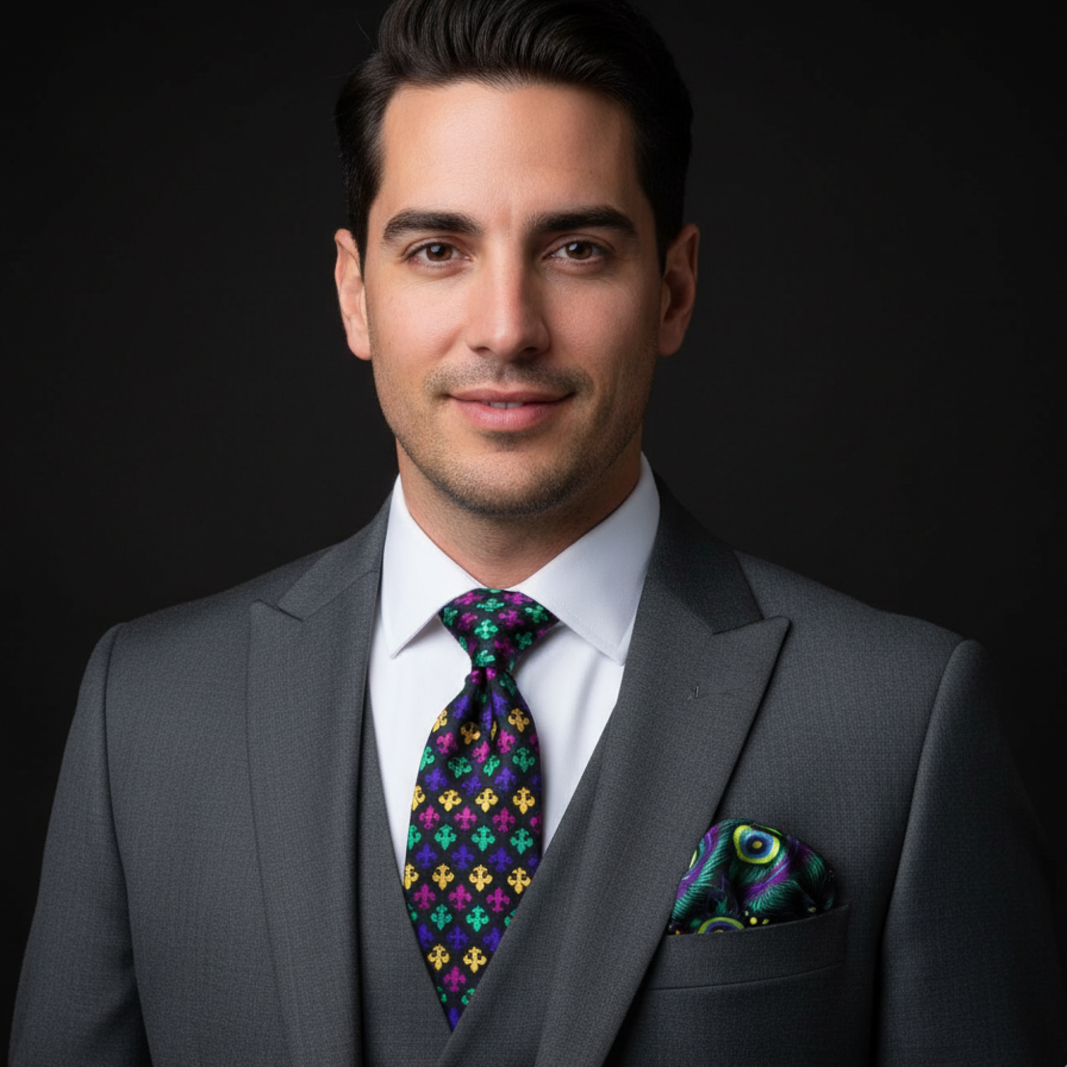 Man wearing a gray suit with a colorful tie and pocket square on a black background