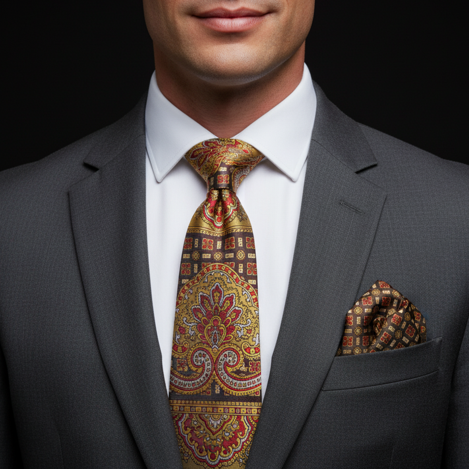 Man wearing a gray suit with a patterned tie and pocket square on a black background