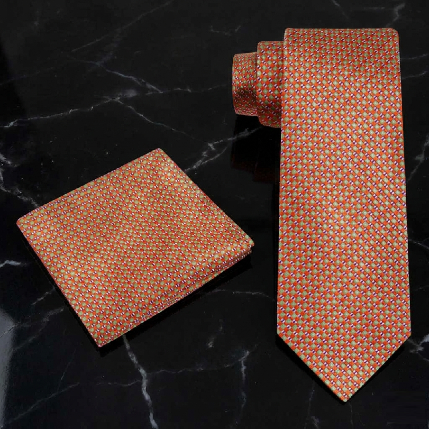 Alt View 1: Copper Orange and Green Metallic Perfection Tie and Pocket Square