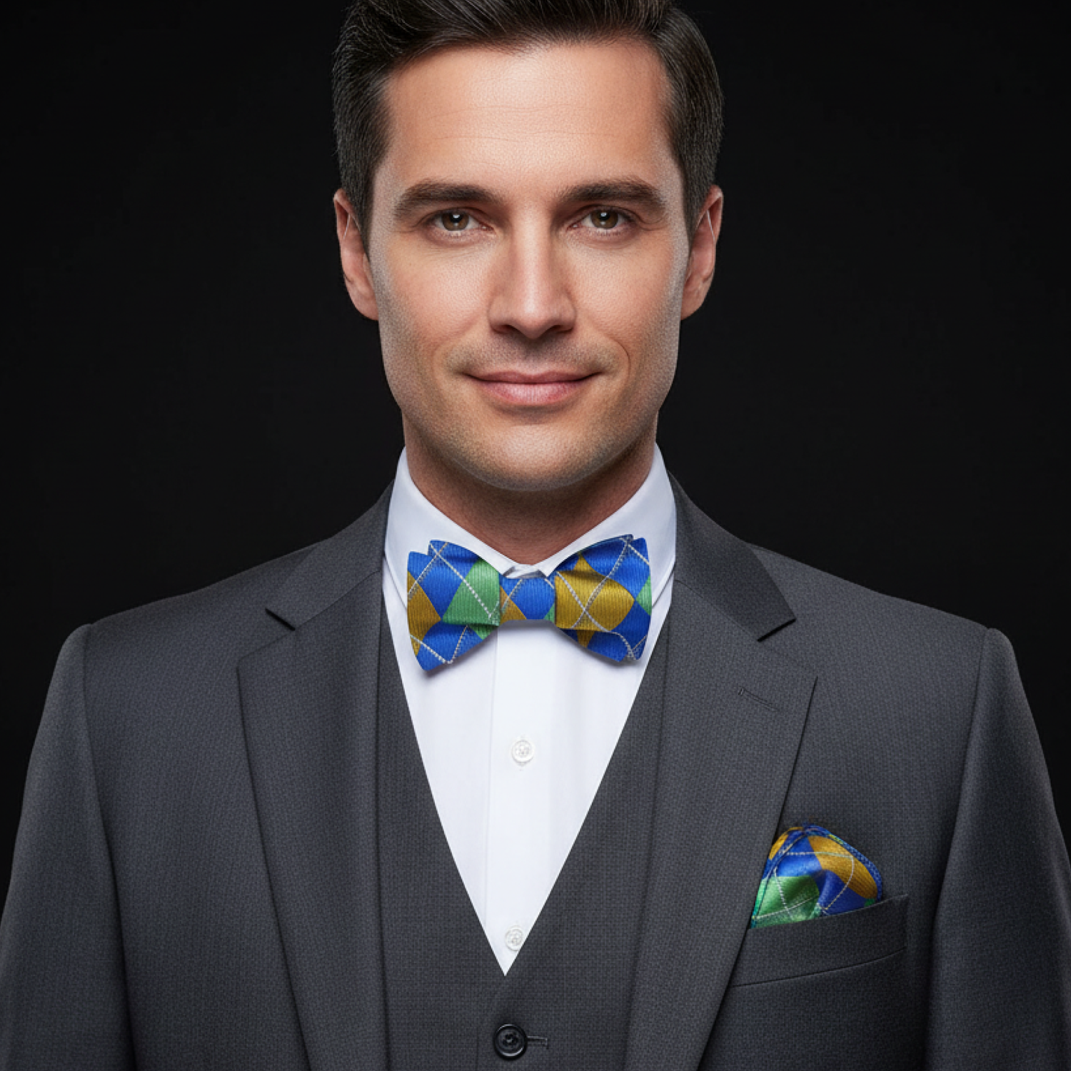 A Yellow, Blue, Green Geometric Argyle Pattern Self Tie Bow Tie, Matching Pocket Square |man