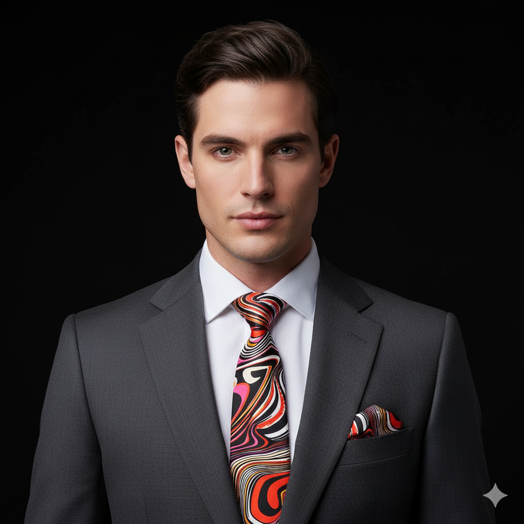 Man wearing a gray suit with a colorful tie and pocket square on a black background
