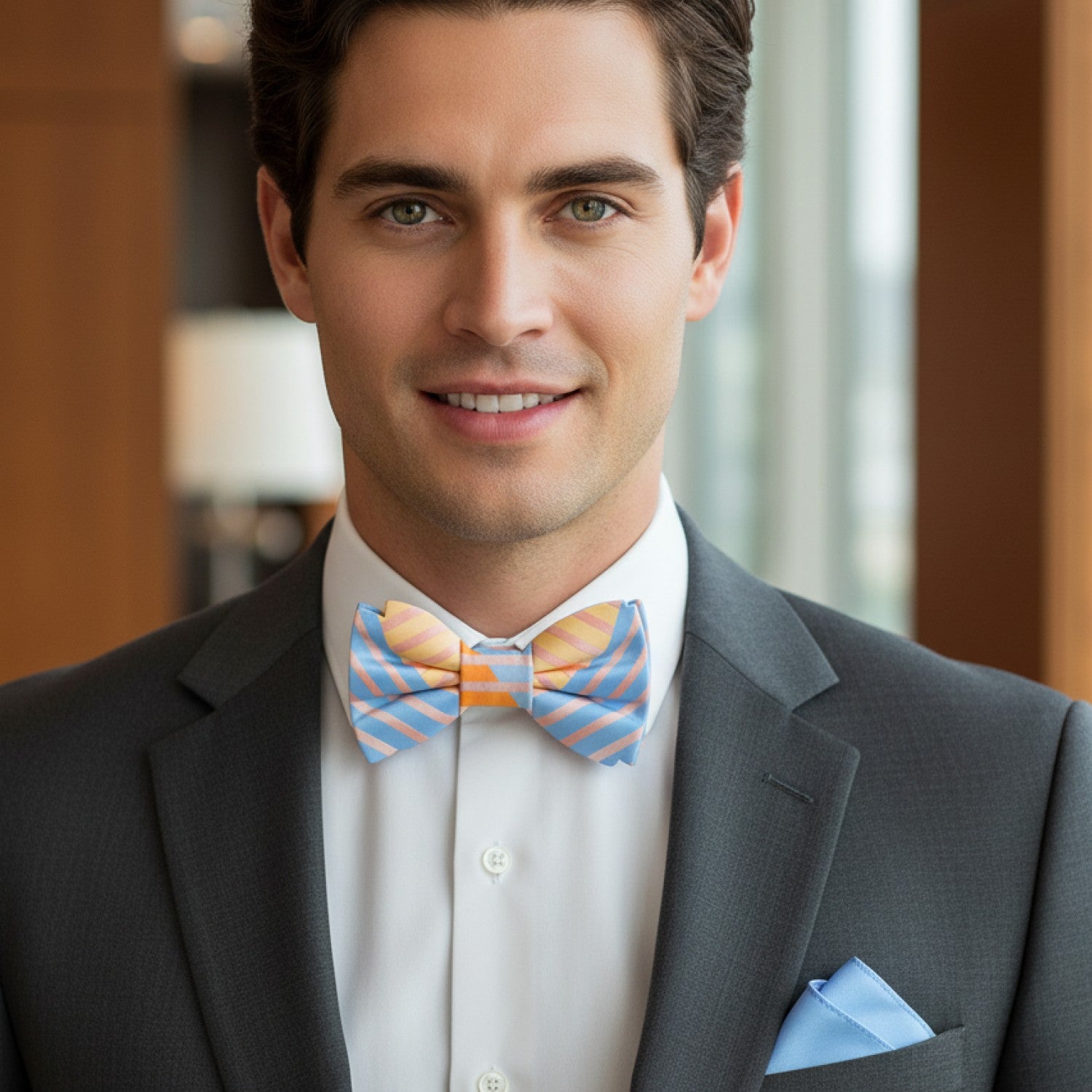 Man wearing a gray suit with a colorful bow tie and white shirt indoors.
