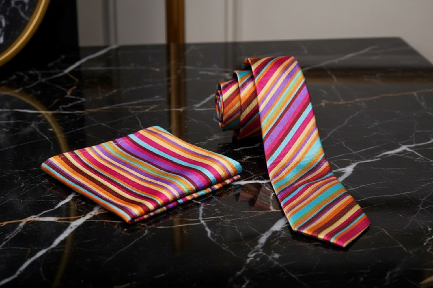 Colorful striped thin tie and pocket square set 