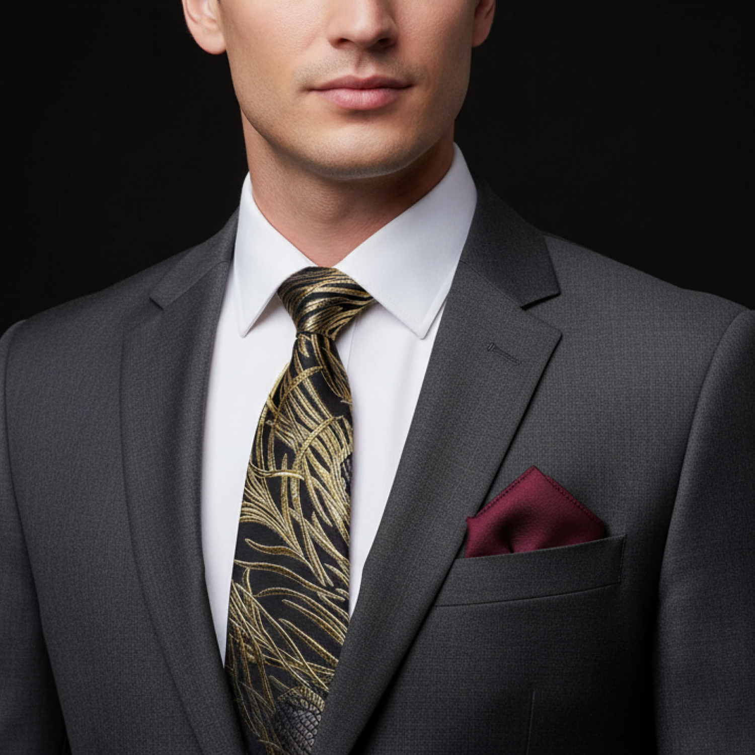 Man wearing a gray suit with a patterned tie and pocket square on a black background