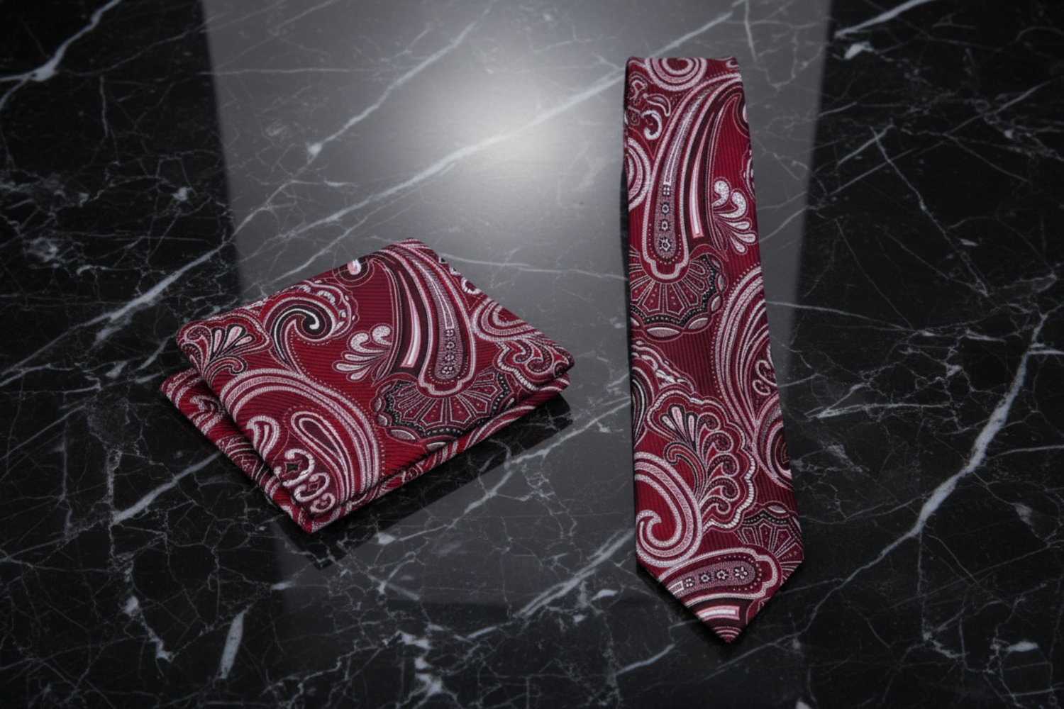 Red paisley tie and pocket square set 