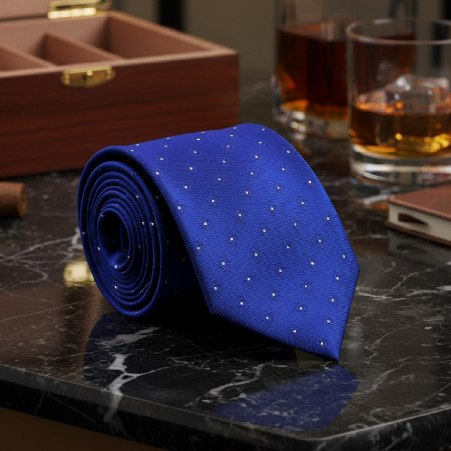 Blue tie with white polka dots on a marble surface with glasses of whiskey and a wooden box.