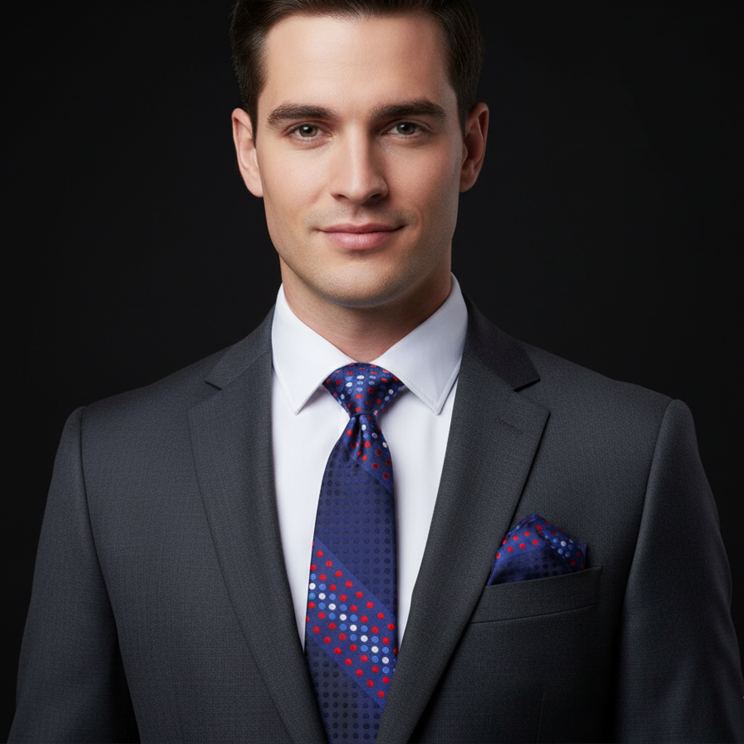 Man wearing a gray suit with a blue tie and pocket square on a black background