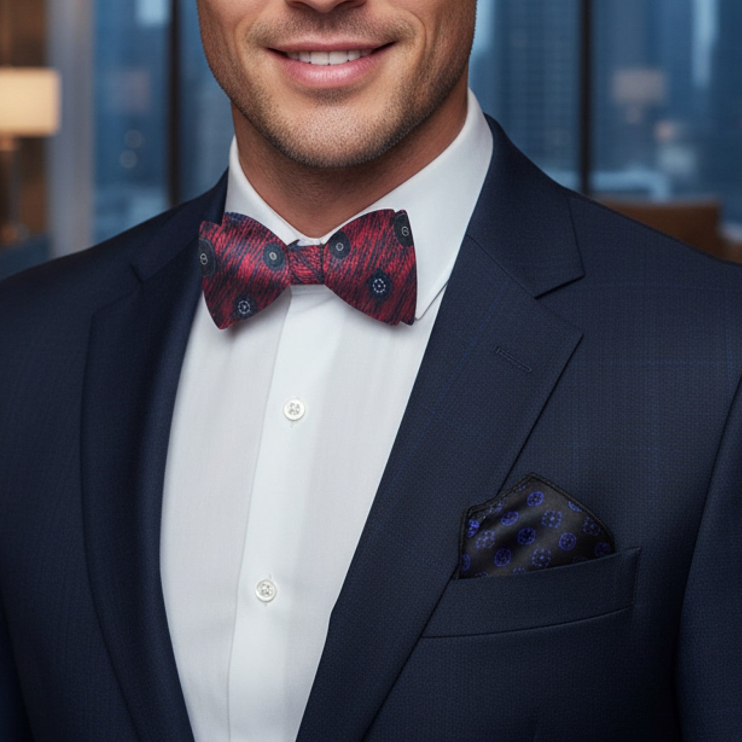 Man wearing a dark suit with a red bow tie and matching pocket square indoors.