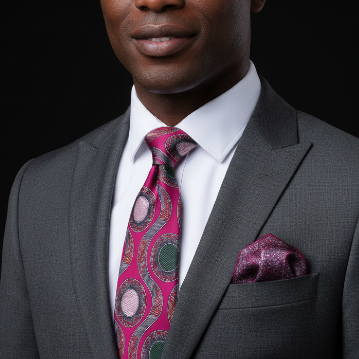 Man wearing a gray suit with a pink patterned tie and pocket square on a black background