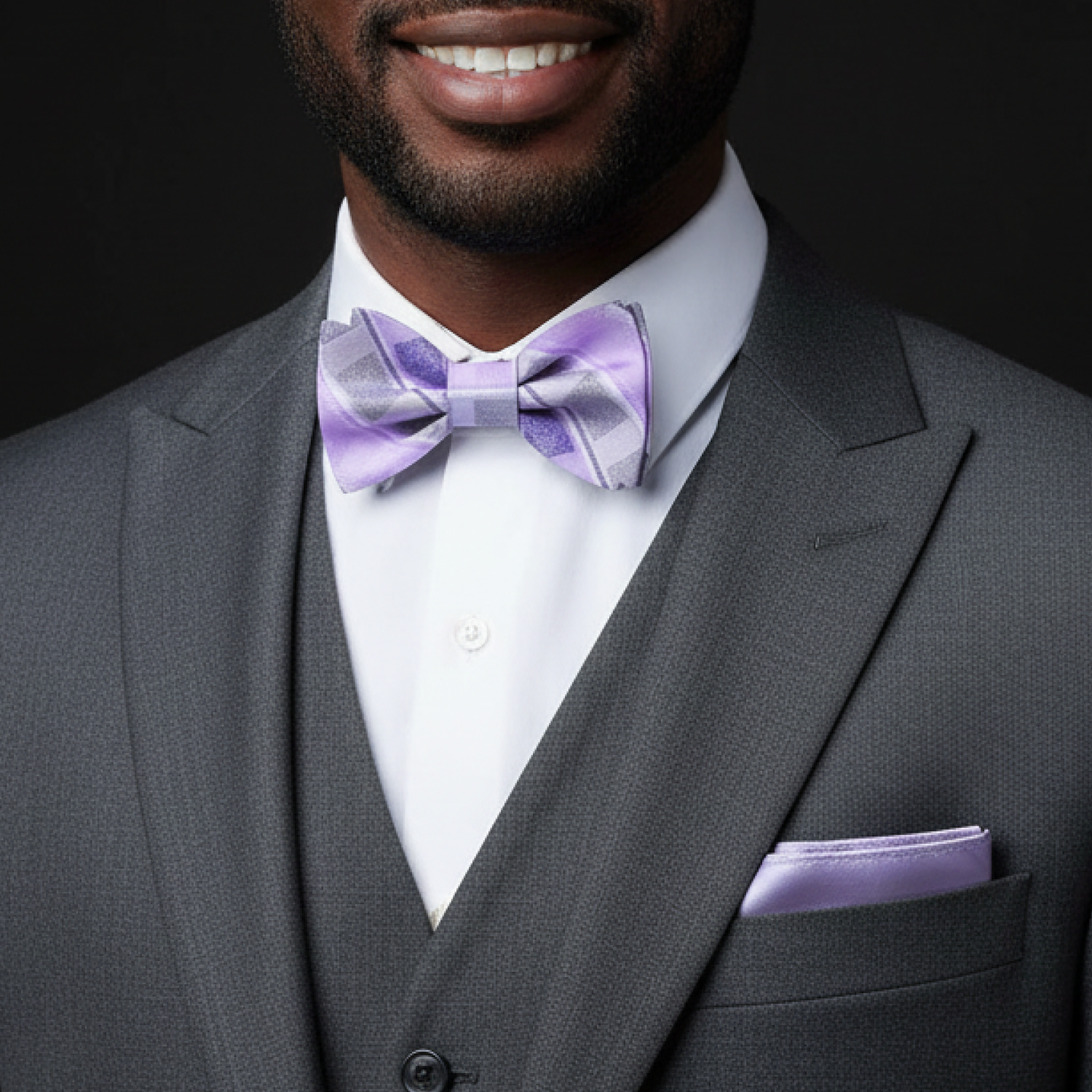 Plaid purple bow tie and Light purple square on man
