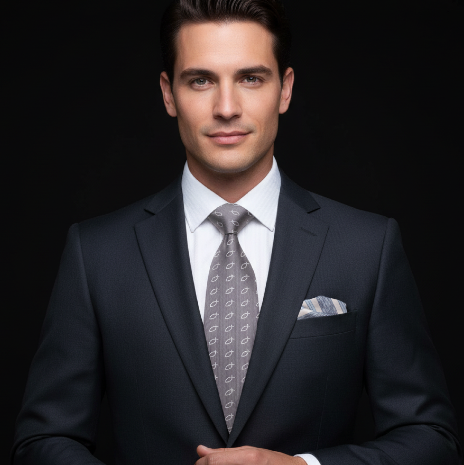 Man wearing a dark suit with a patterned tie against a black background