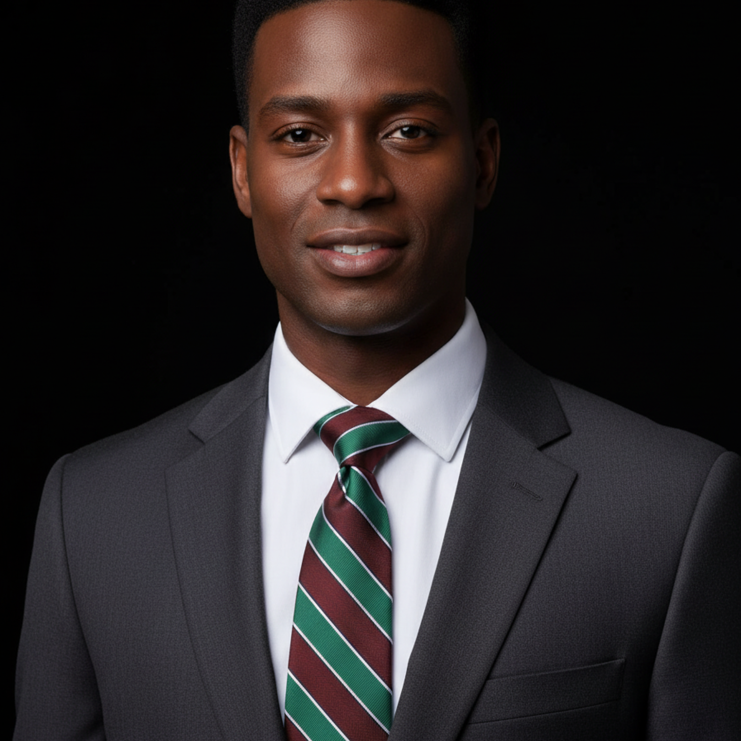 Man wearing a dark suit and green-striped tie against a black background