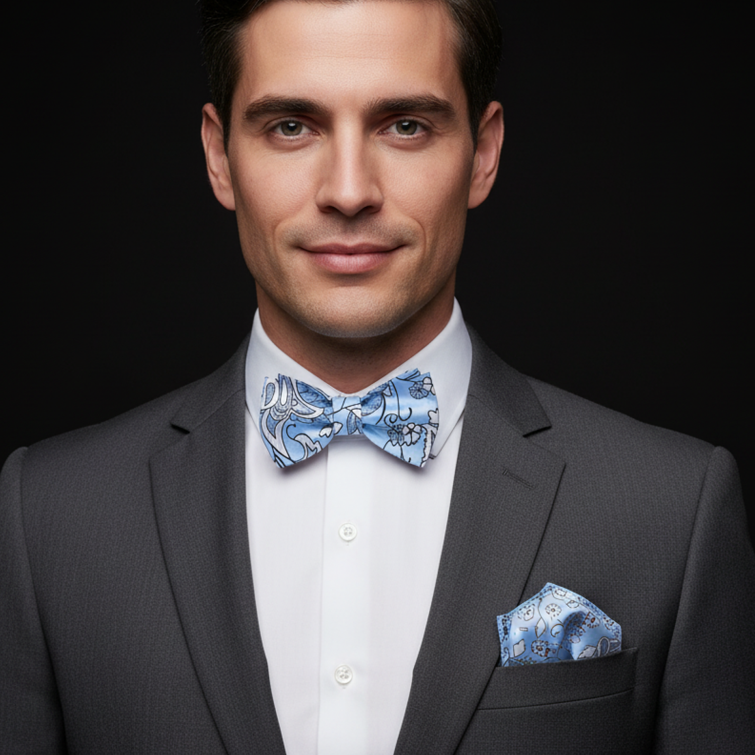 Man wearing a gray suit with a blue bow tie and pocket square on a black background