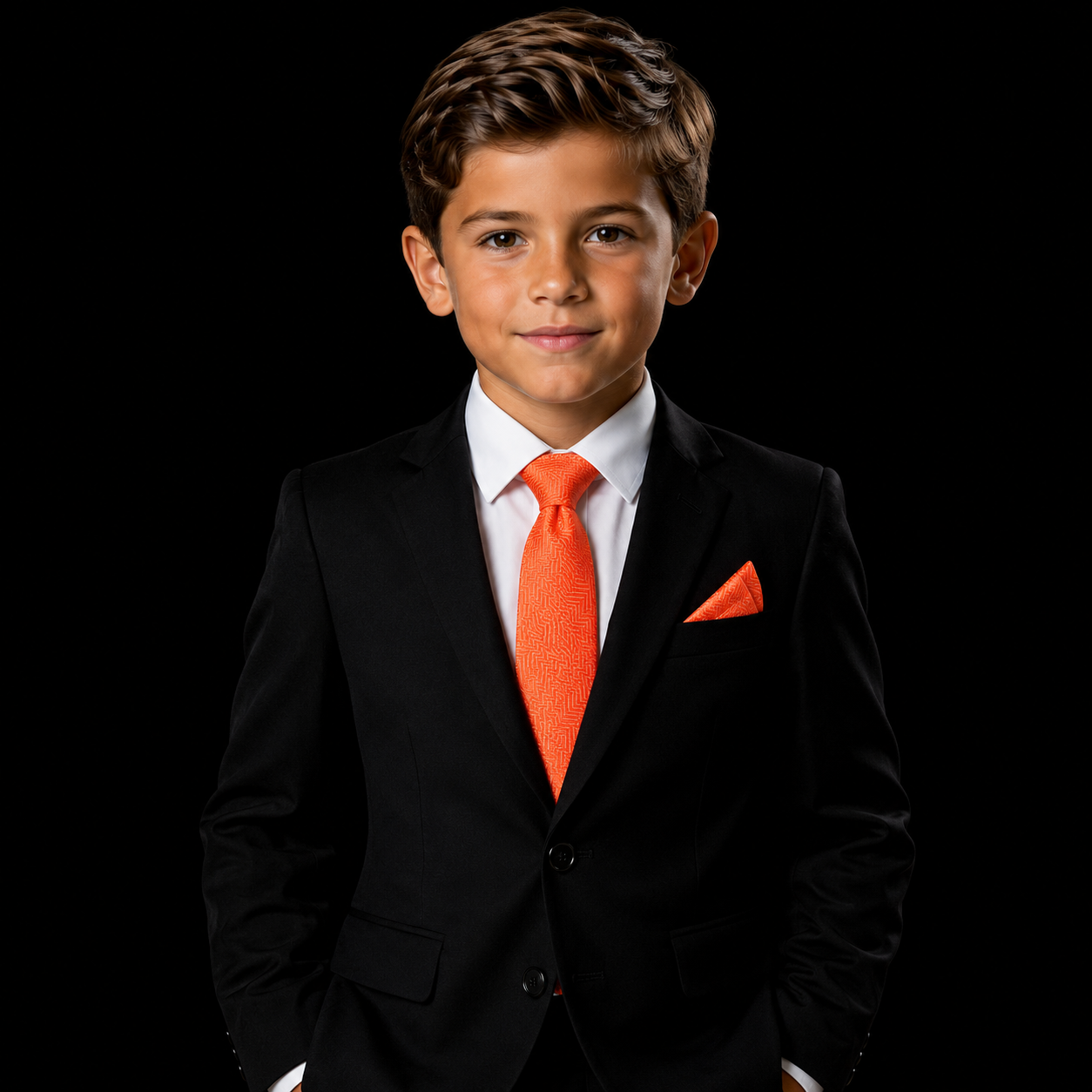 Boys Orange Herringbone Necktie with Pocket Square Option