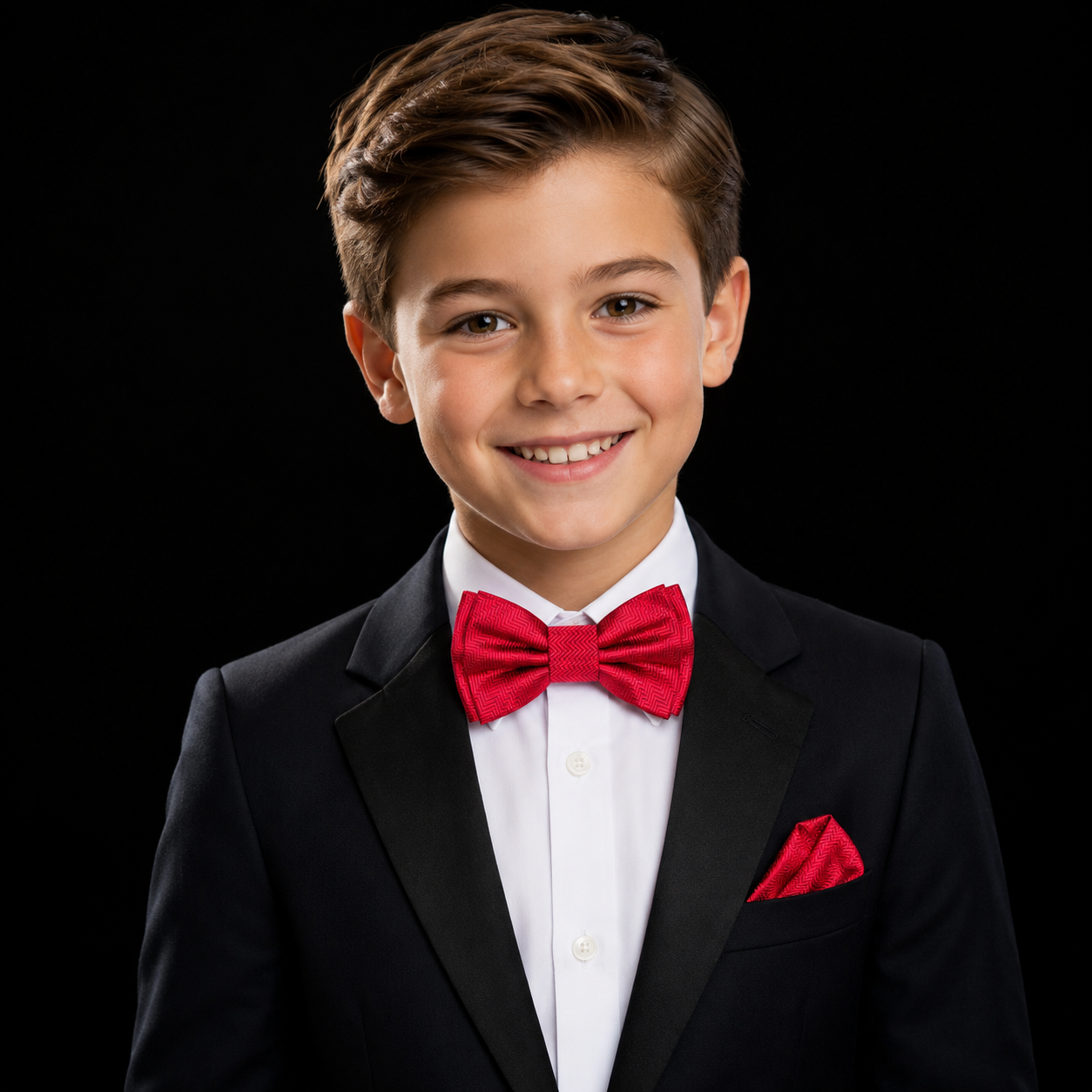 red bow tie and square on boy with suit