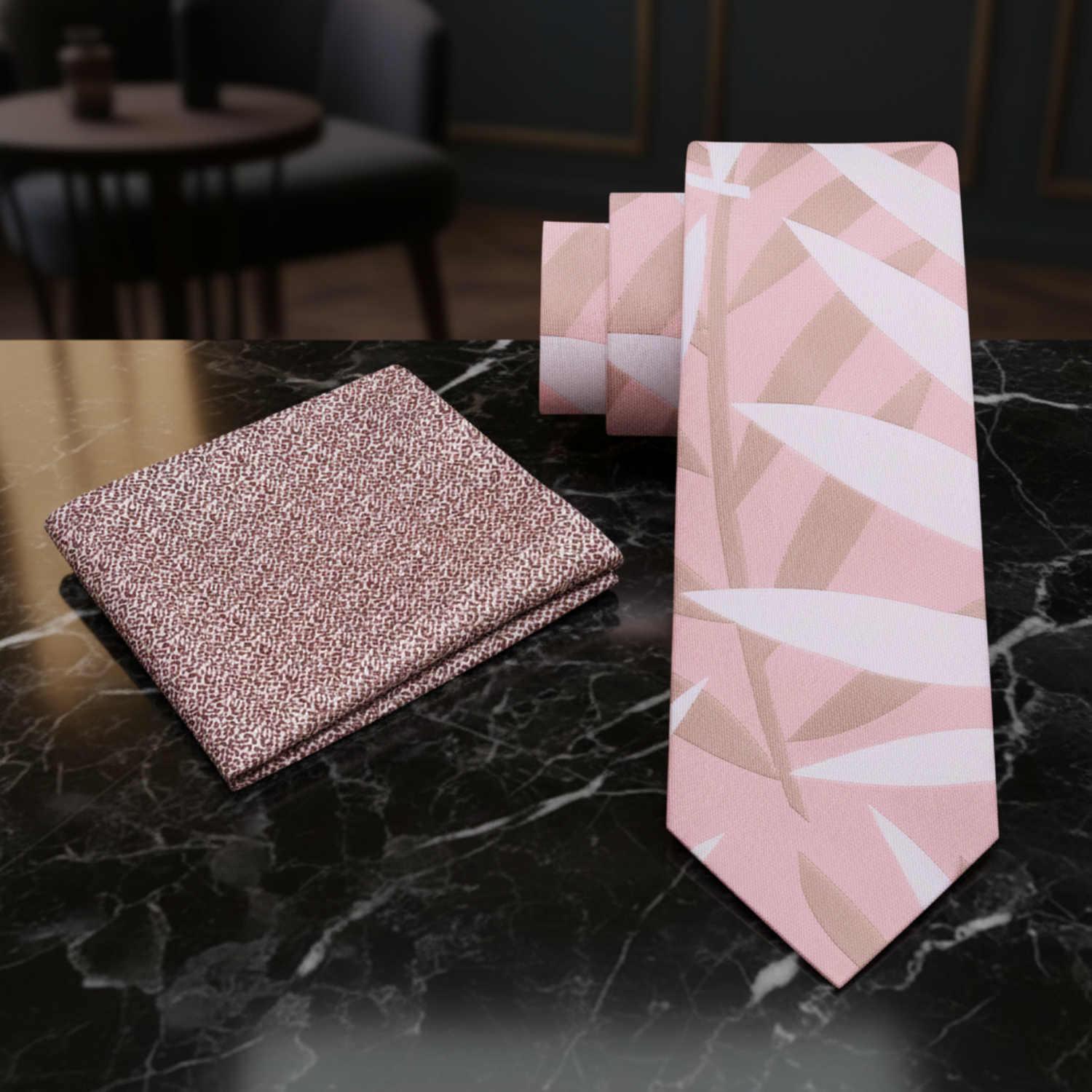 Light Pink, Salmon & Brown Sketched Leaves Necktie