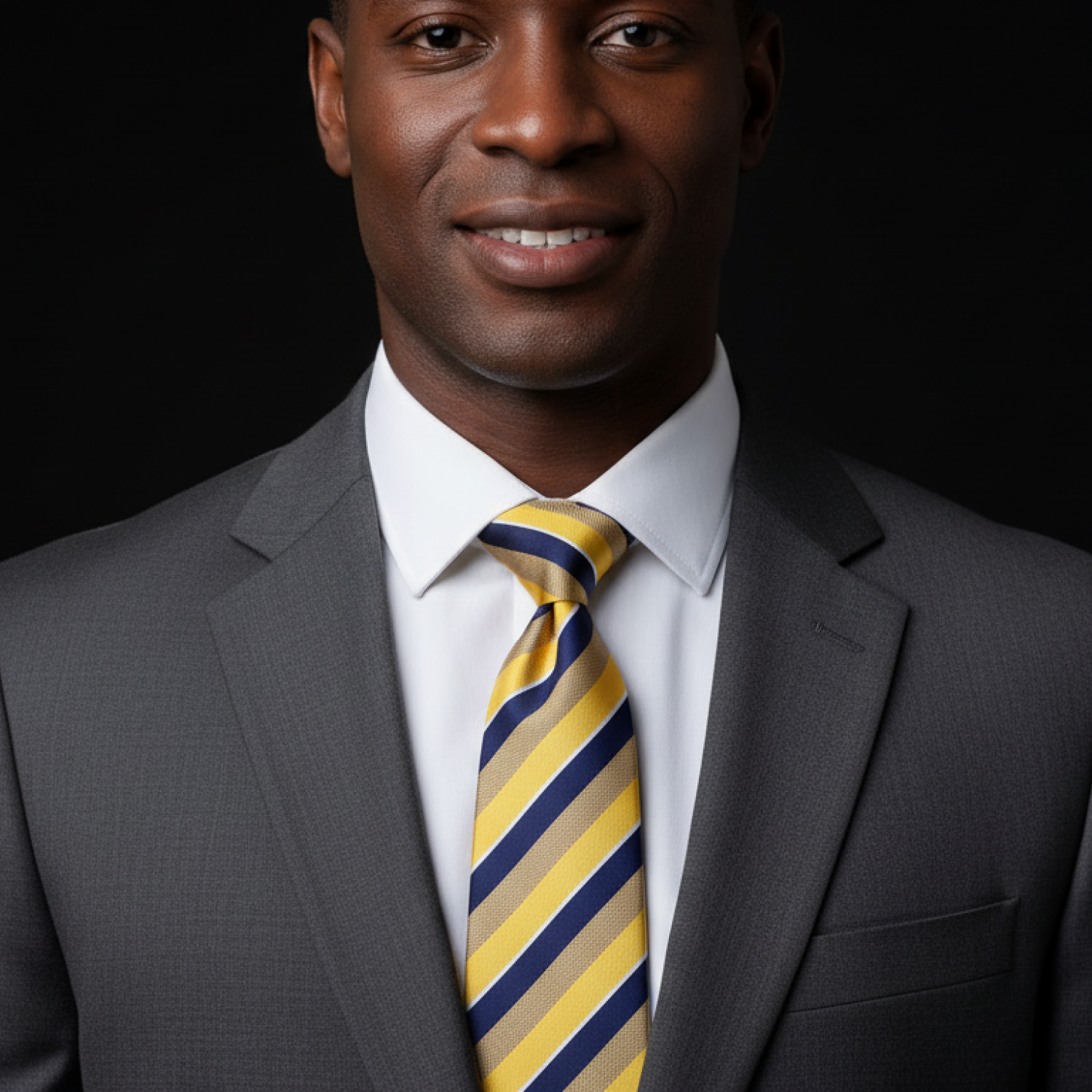 Man wearing a gray suit with a yellow and blue striped tie against a dark background