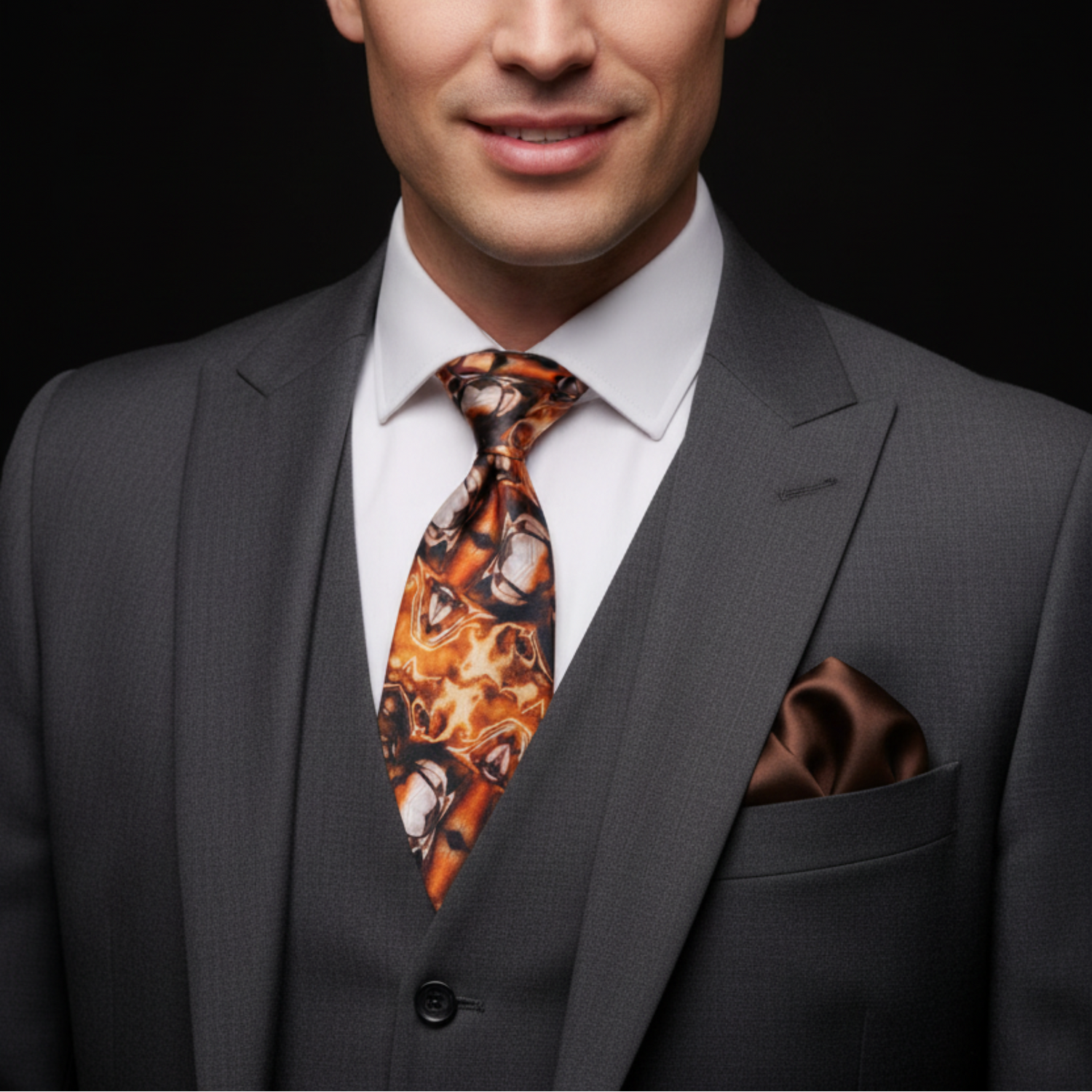 Man wearing a gray suit with a patterned tie and pocket square on a black background