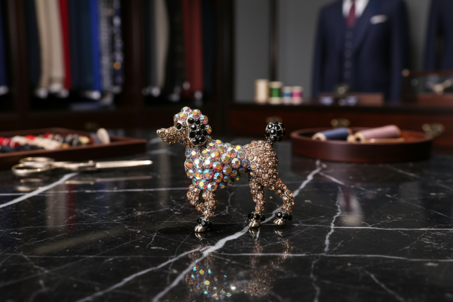 Decorative brooch shaped like a poodle with rhinestone embellishments on a marble table