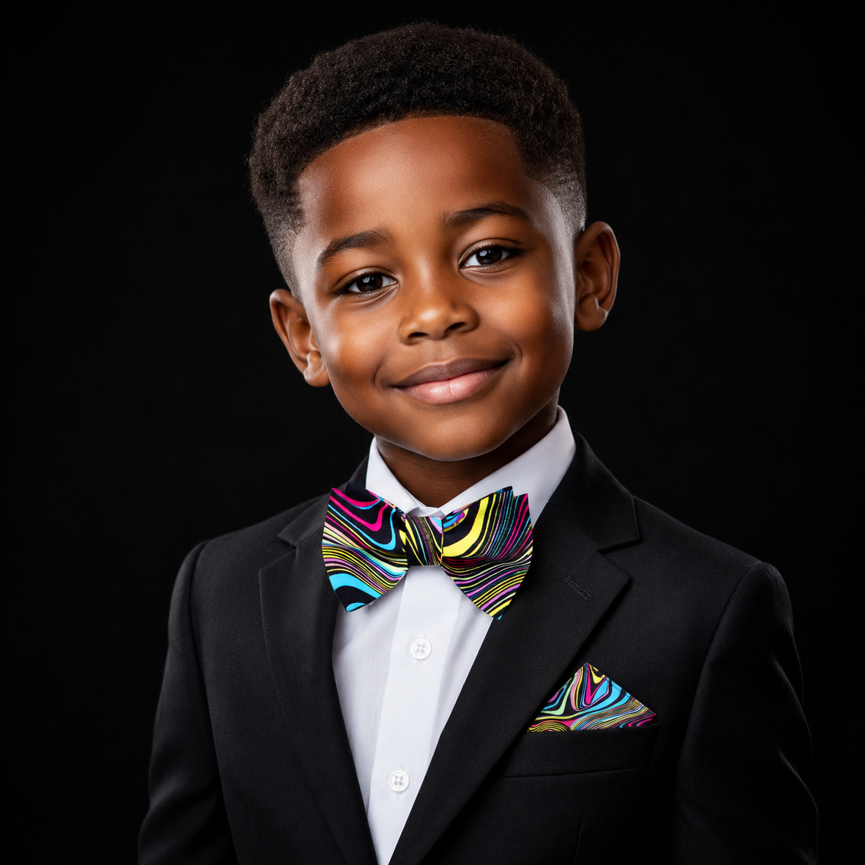 boys multi color abstract bow tie and square on suit