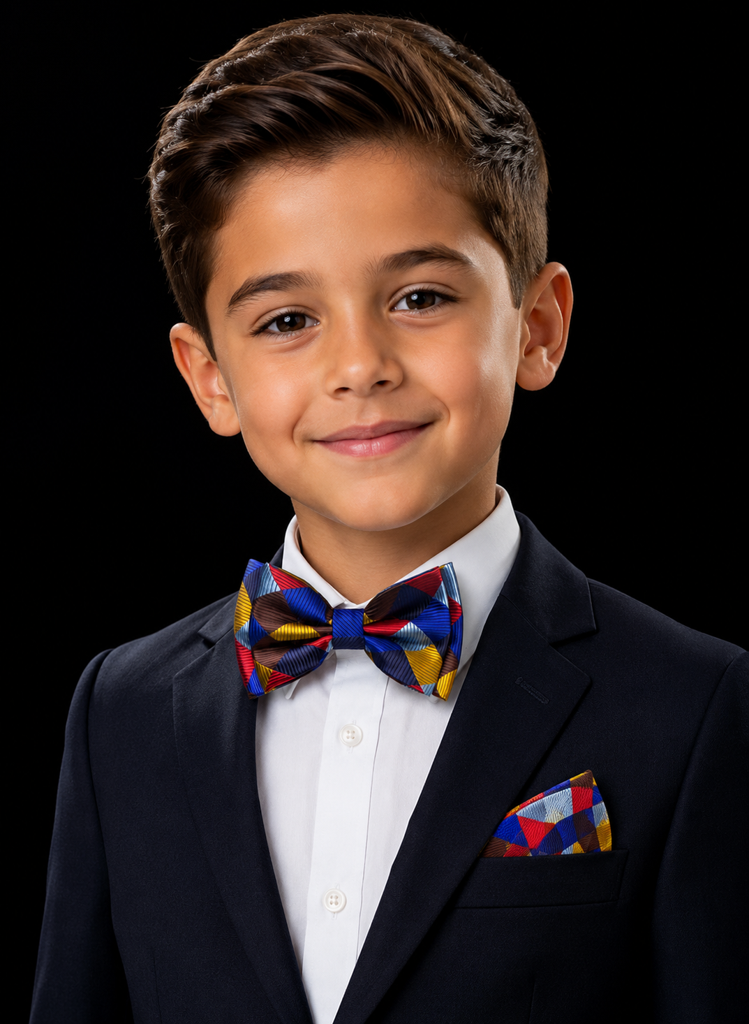 Young boy in a suit with a colorful bow tie and pocket square on a black background