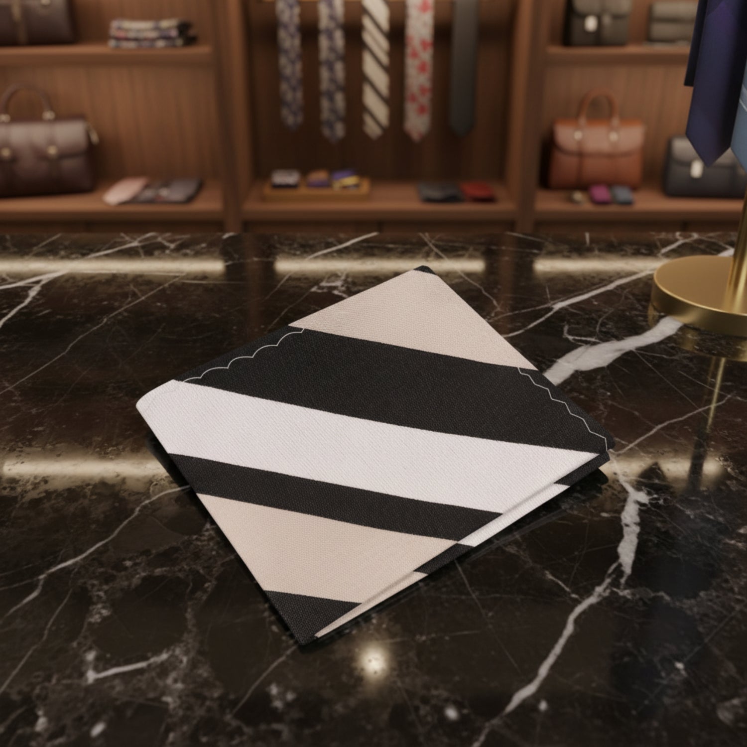 Black and white striped fabric on a marble surface with a blurred background of shelves with bags.