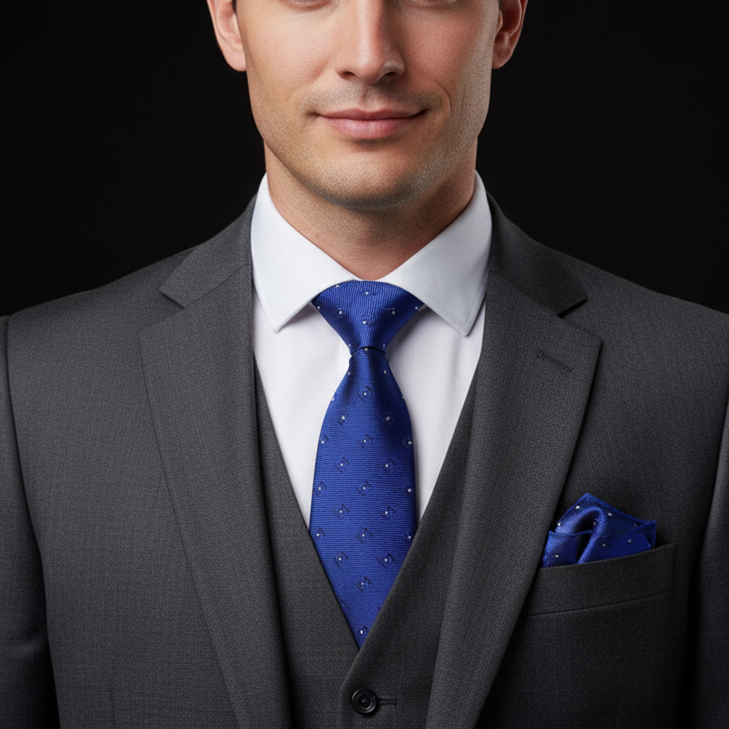 Man wearing a gray suit with a blue tie and pocket square on a black background