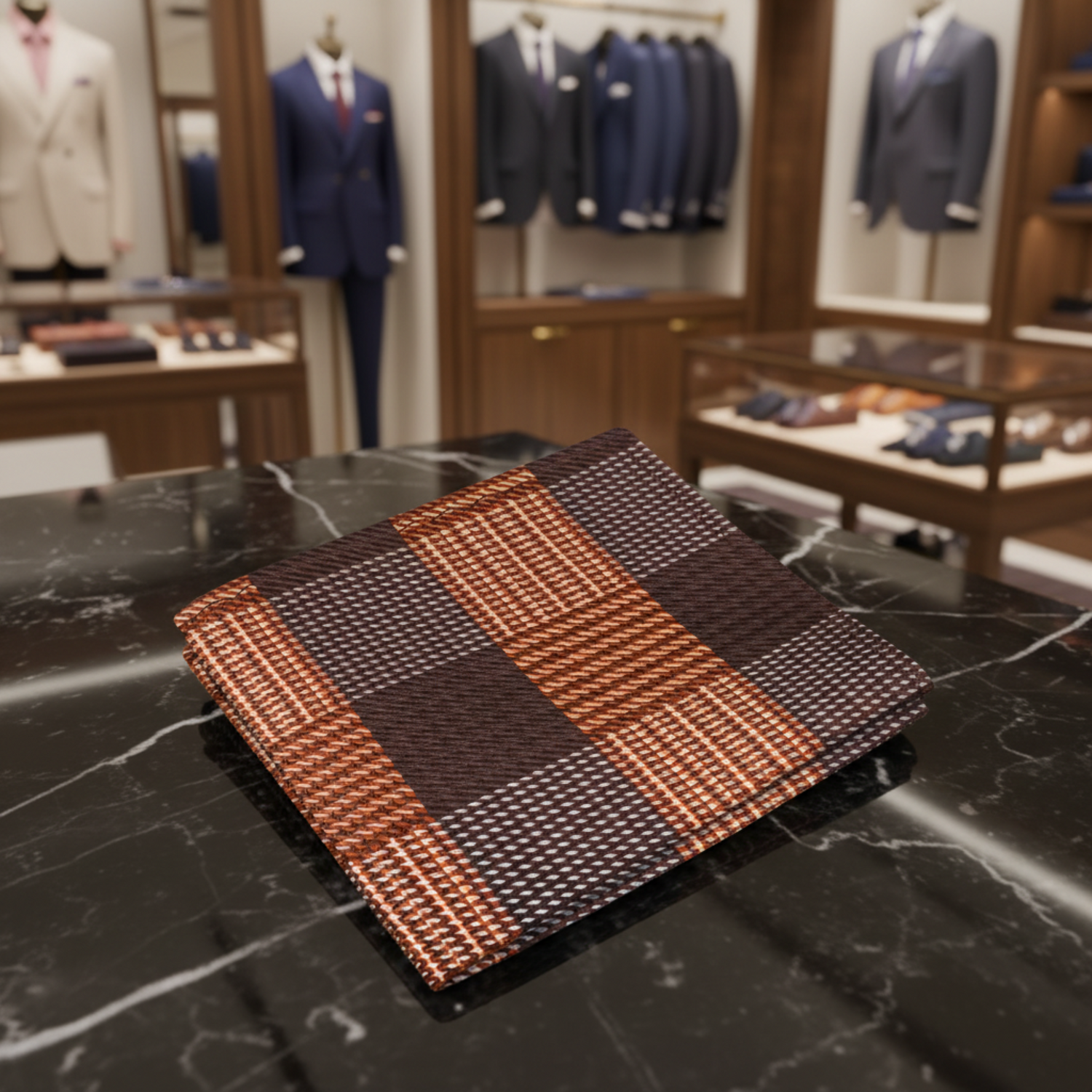 View 2: Brown and Orange Plaid Pocket Square