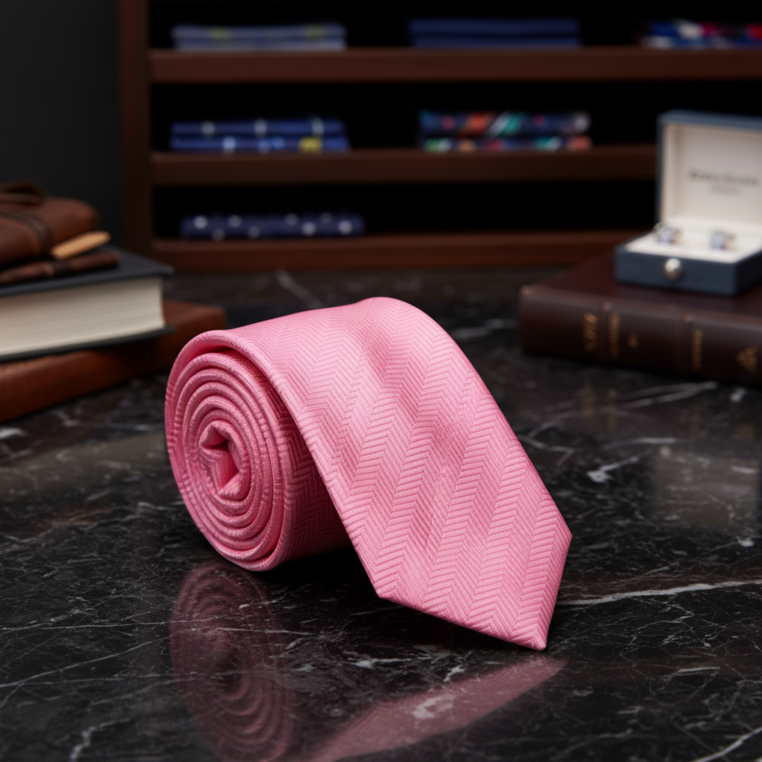 A rolled pink necktie with a subtle herringbone pattern is displayed on a black marble tray. The setting is a sophisticated office or study environment with a black leather armchair, a gold figurine, and a brown leather-bound notebook with a gold pen.