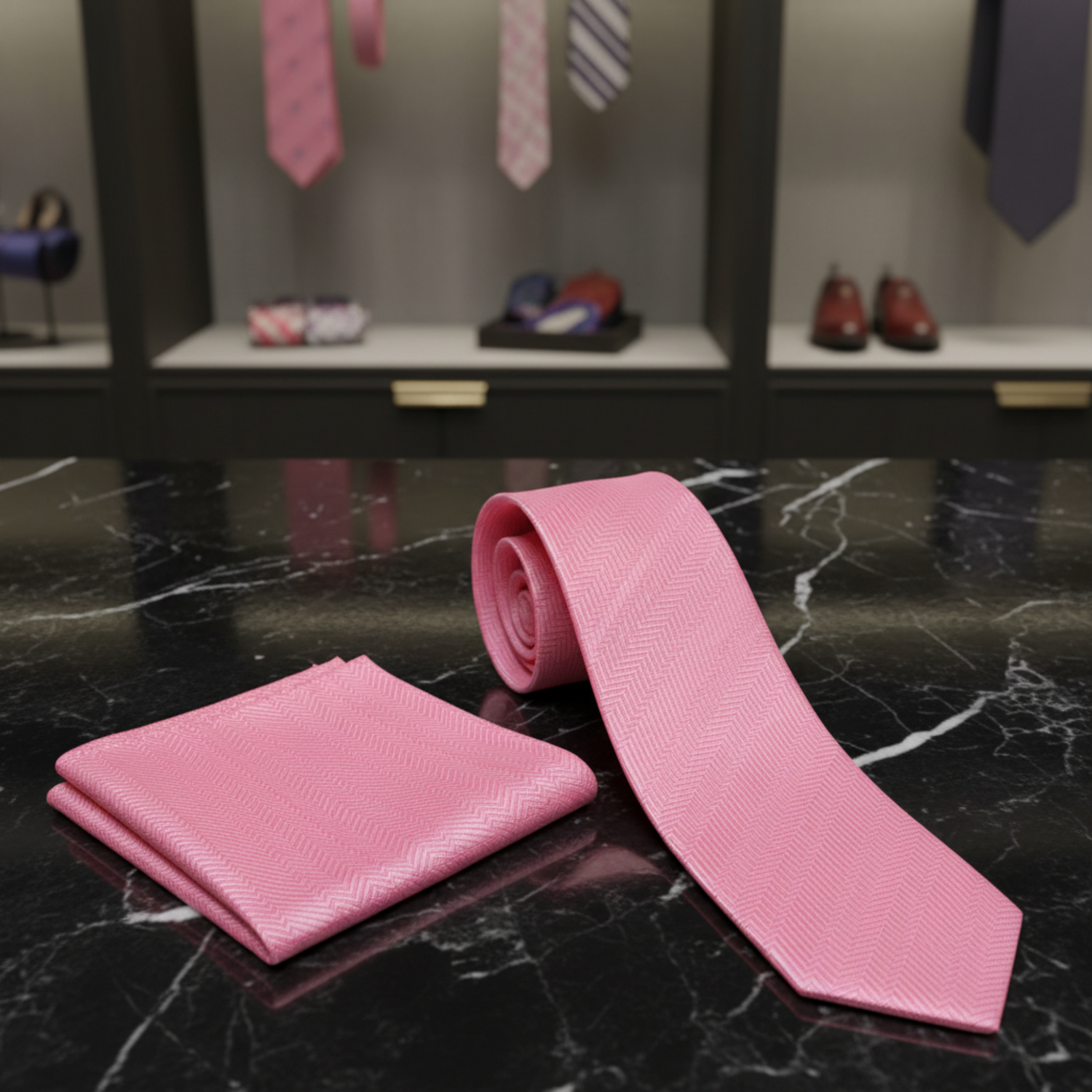 A pink necktie and matching pocket square set arranged on a black marble surface with gold veining, with a dark paneled room and purple chair in the background.