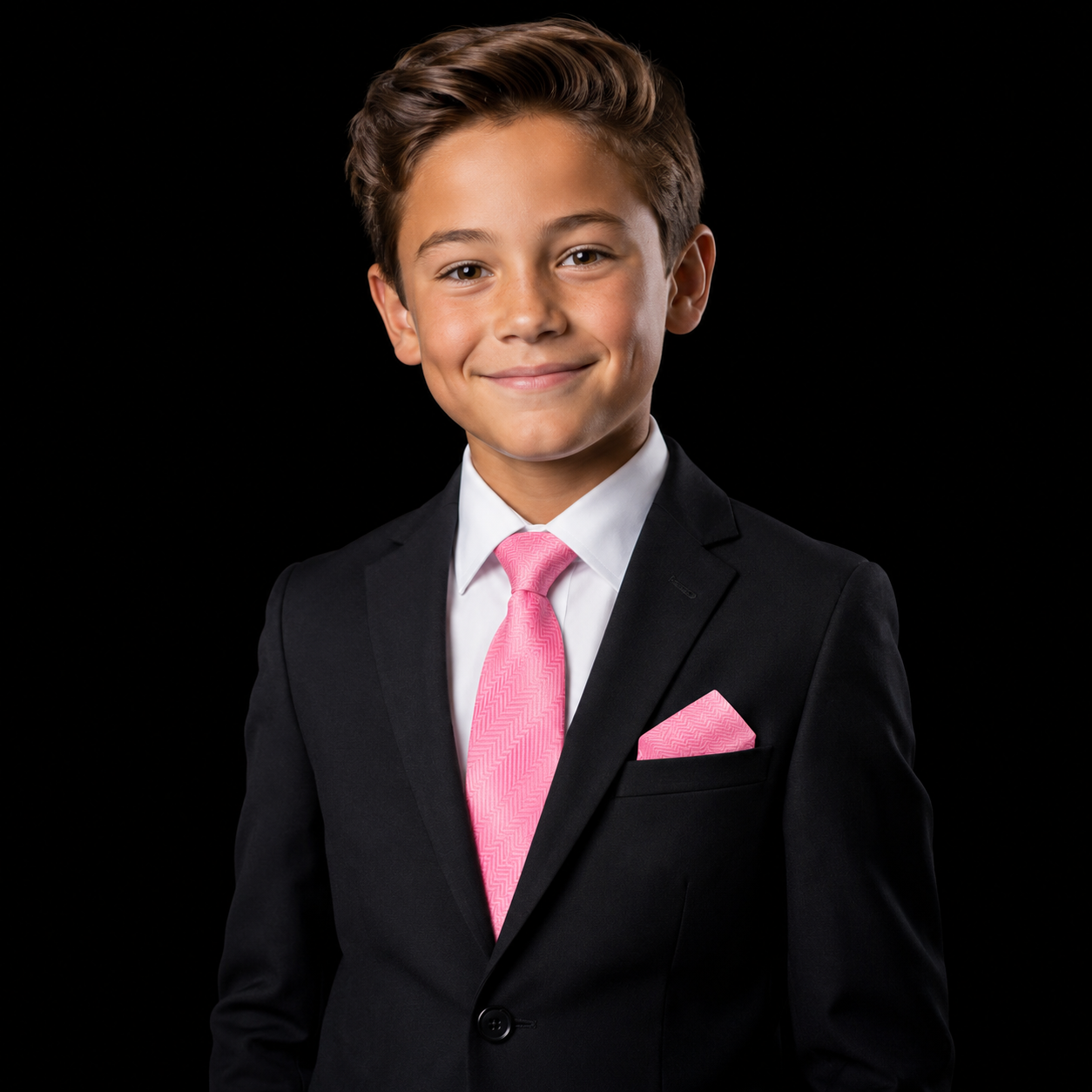 pink kids tie and square on boy with suit