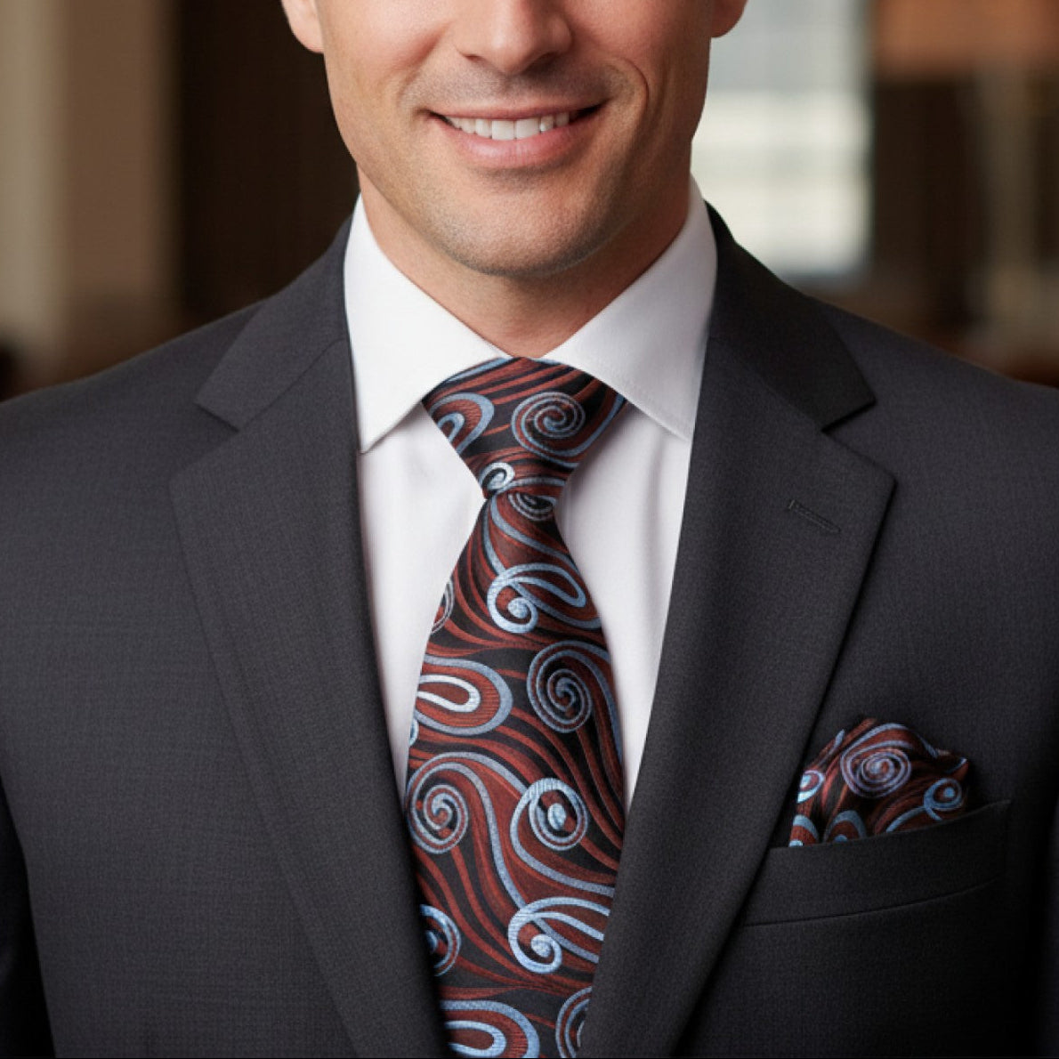 Man wearing a dark suit with a patterned tie and pocket square indoors.