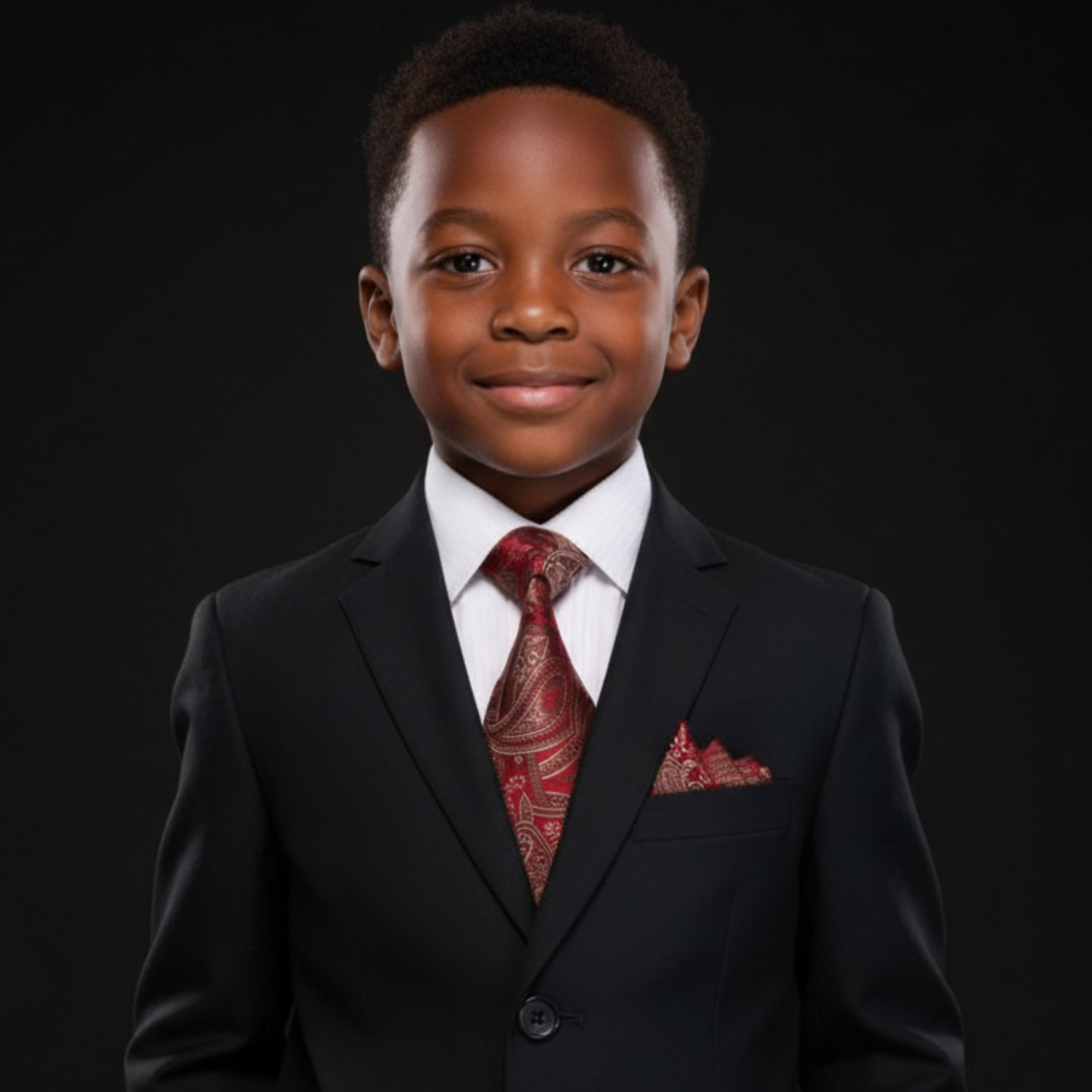 Young boy in a black suit with a red tie and pocket square on a black background