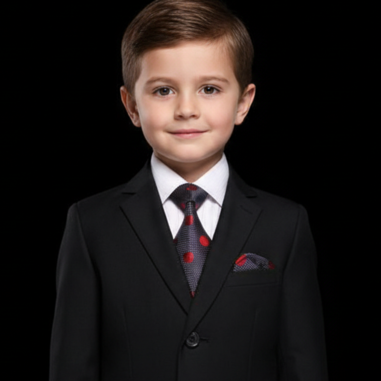 Young boy in a formal black suit with a red tie and pocket square on a black background