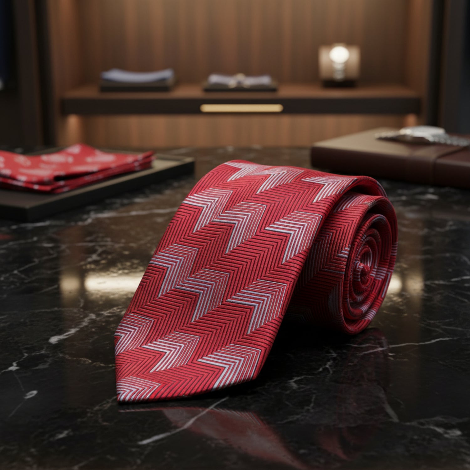 A red necktie with a white and pink geometric chevron pattern 