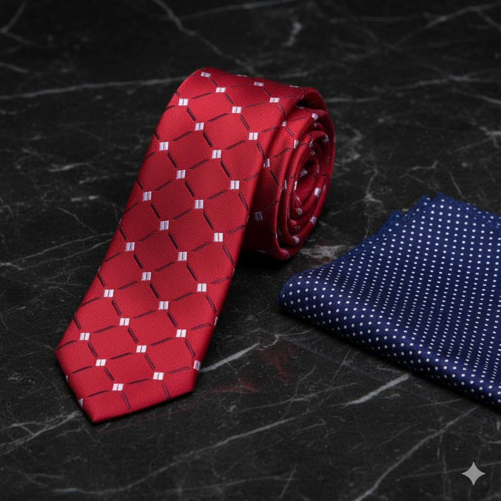 Red patterned tie and blue polka dot pocket square on a dark marble surface