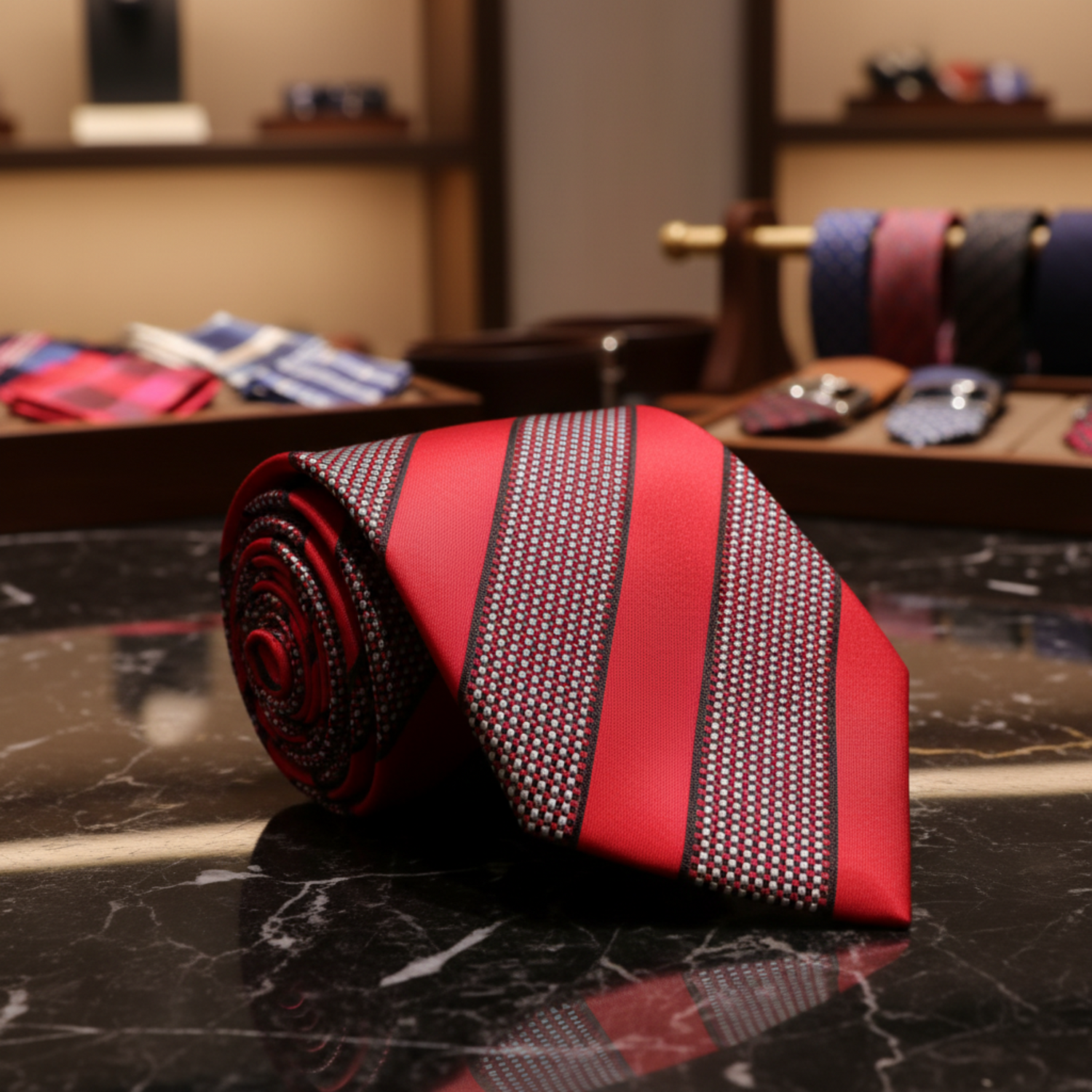 A rolled red necktie with vertical stripes featuring a small white and dark pattern, 