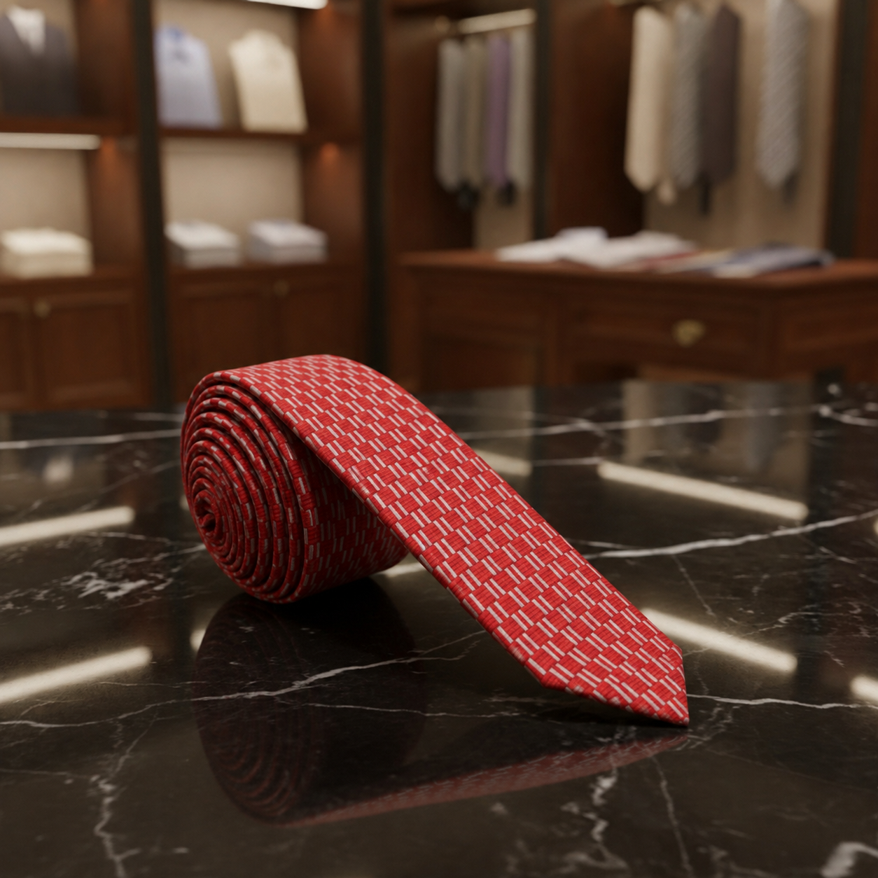 Bright Red and White Basketweave Check Necktie